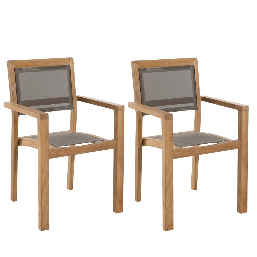 FUN - Ensemble de 2 fauteuils jardin bois teck / textilène gris - Image 1