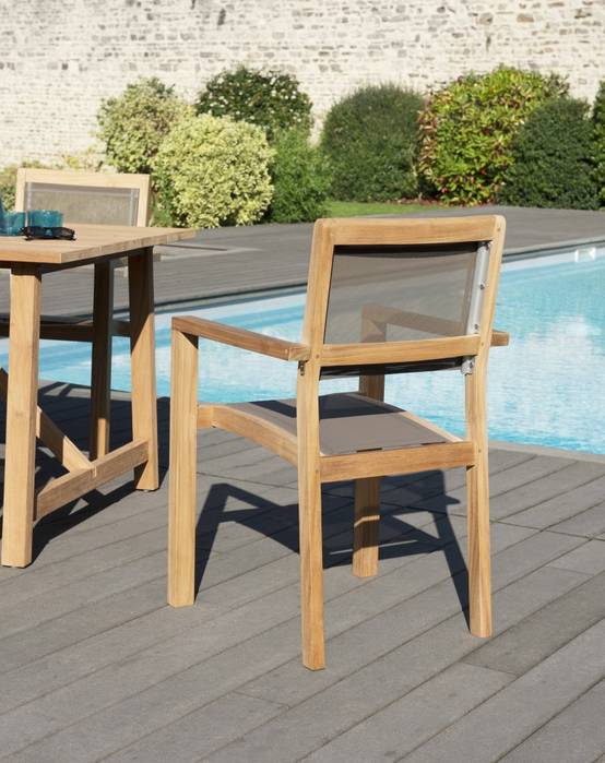 FUN - Ensemble de 2 fauteuils jardin bois teck / textilène gris - Image 3