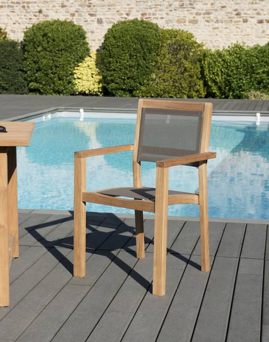 FUN - Ensemble de 2 fauteuils jardin bois teck / textilène gris - Image 2
