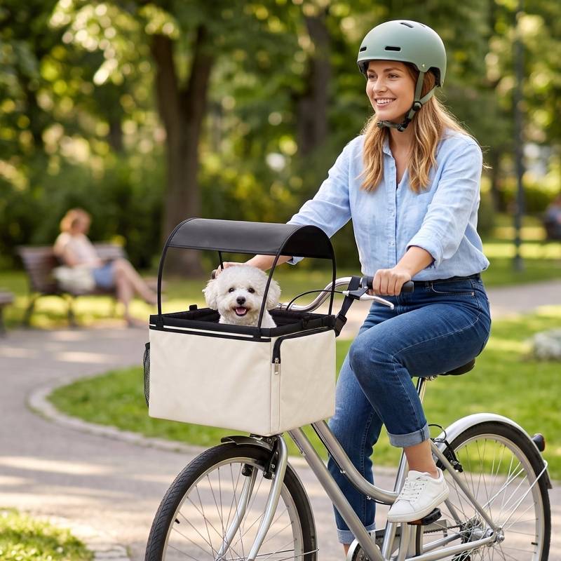 Panier de vélo avant pour chien 2-en-1, panier portable avec capote, laisse de sécurité, bandoulière et poches latérales, charge 5kg - Image 8
