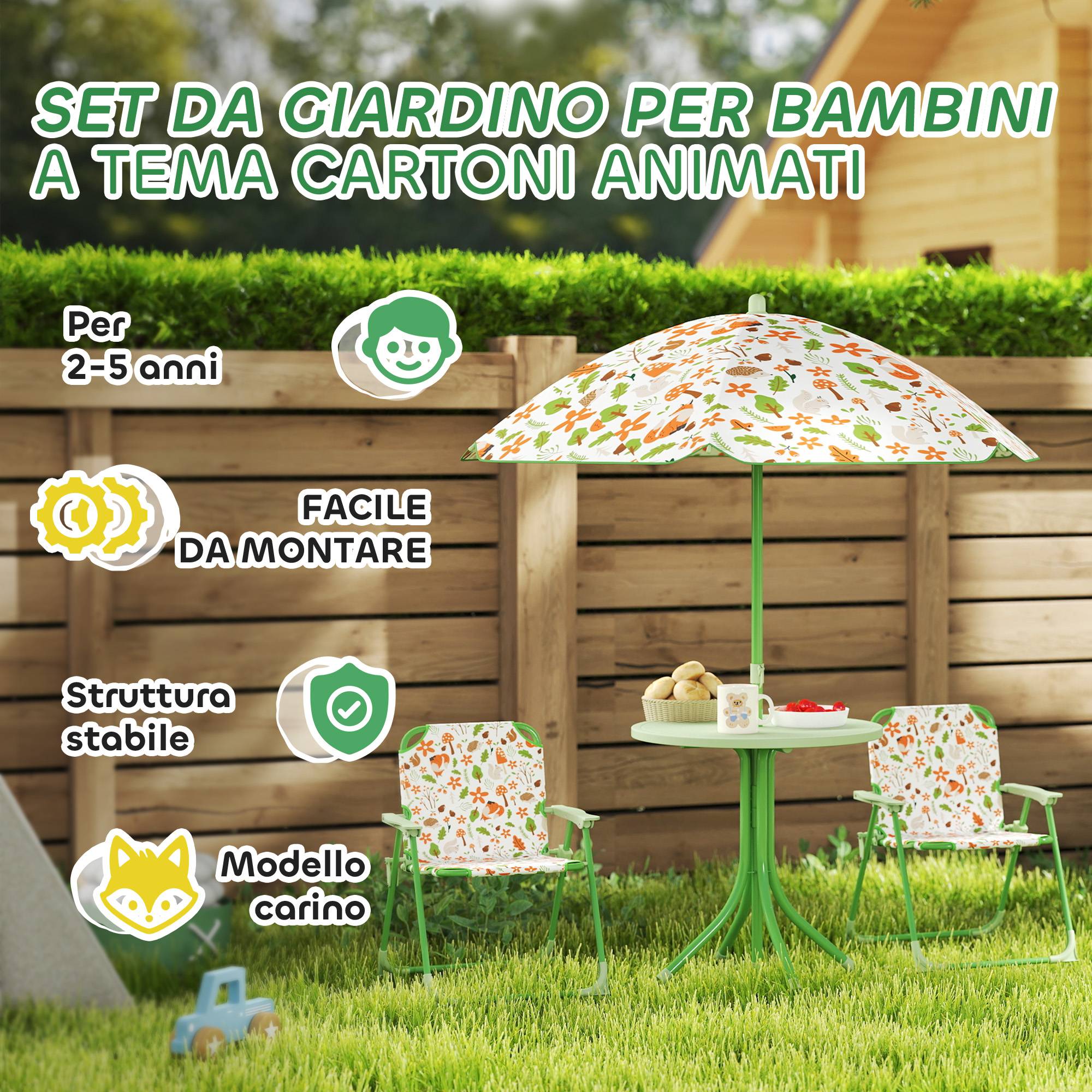 Ensemble jardin enfant 2-5 ans, petite table ronde, 2 chaises pliantes et parasol, vert - Image 9
