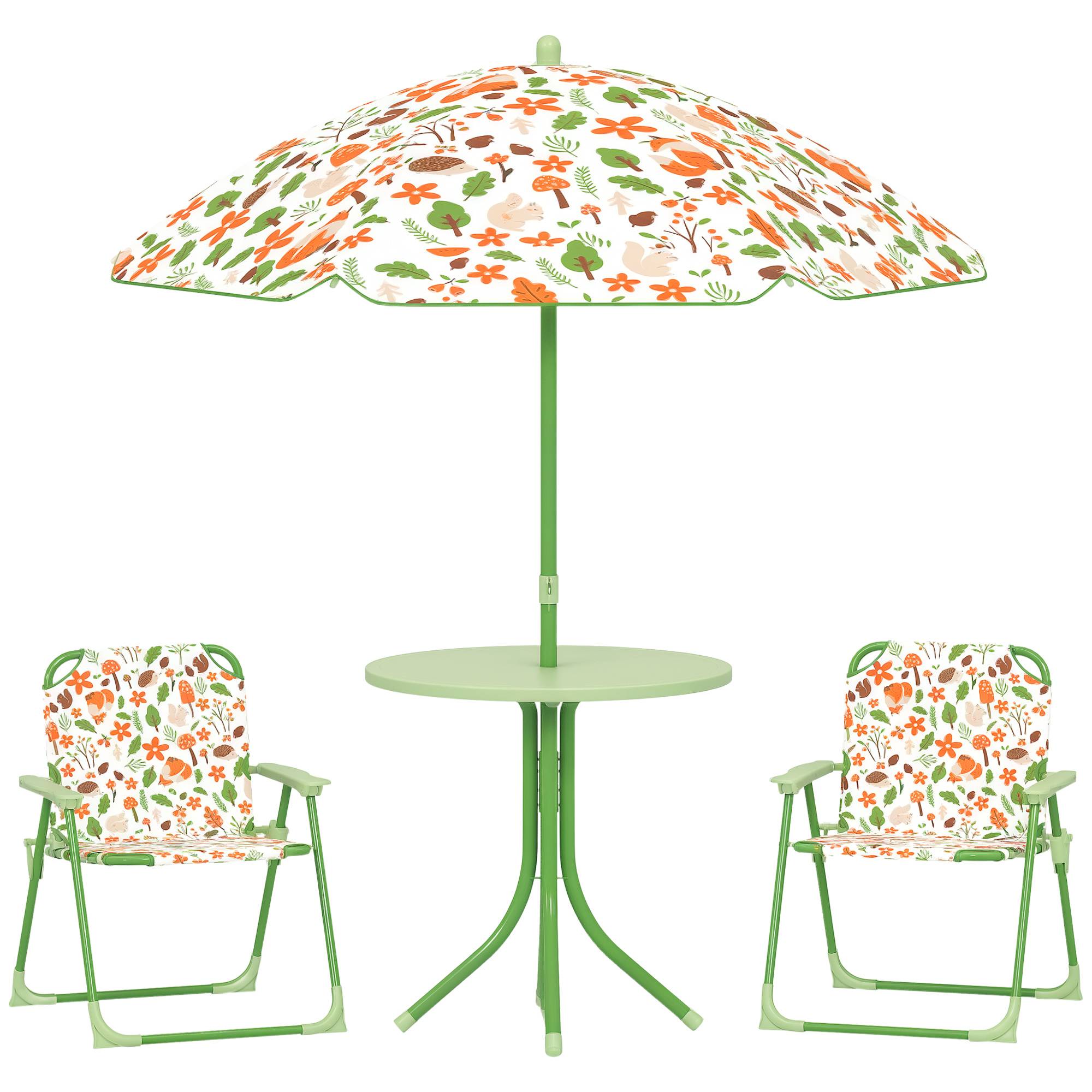 Ensemble jardin enfant 2-5 ans, petite table ronde, 2 chaises pliantes et parasol, vert - Image 1