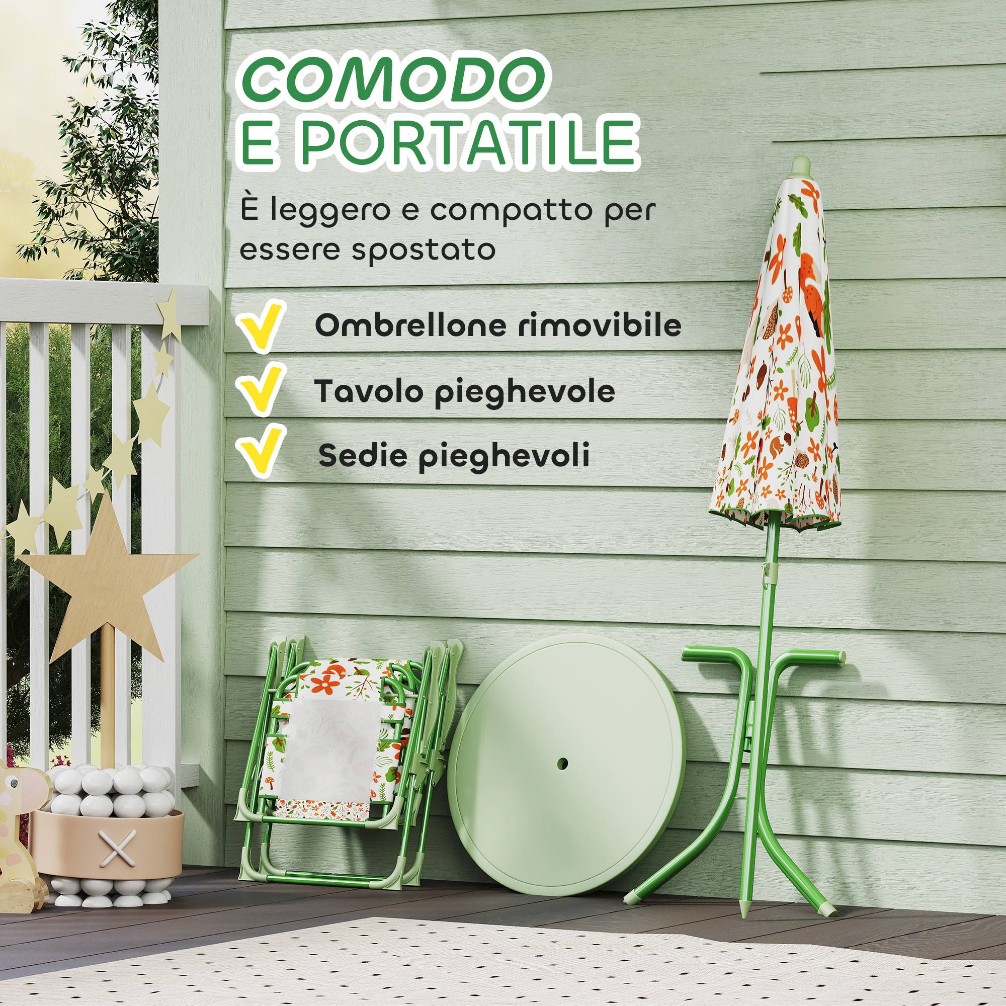 Ensemble jardin enfant 2-5 ans, petite table ronde, 2 chaises pliantes et parasol, vert - Image 8