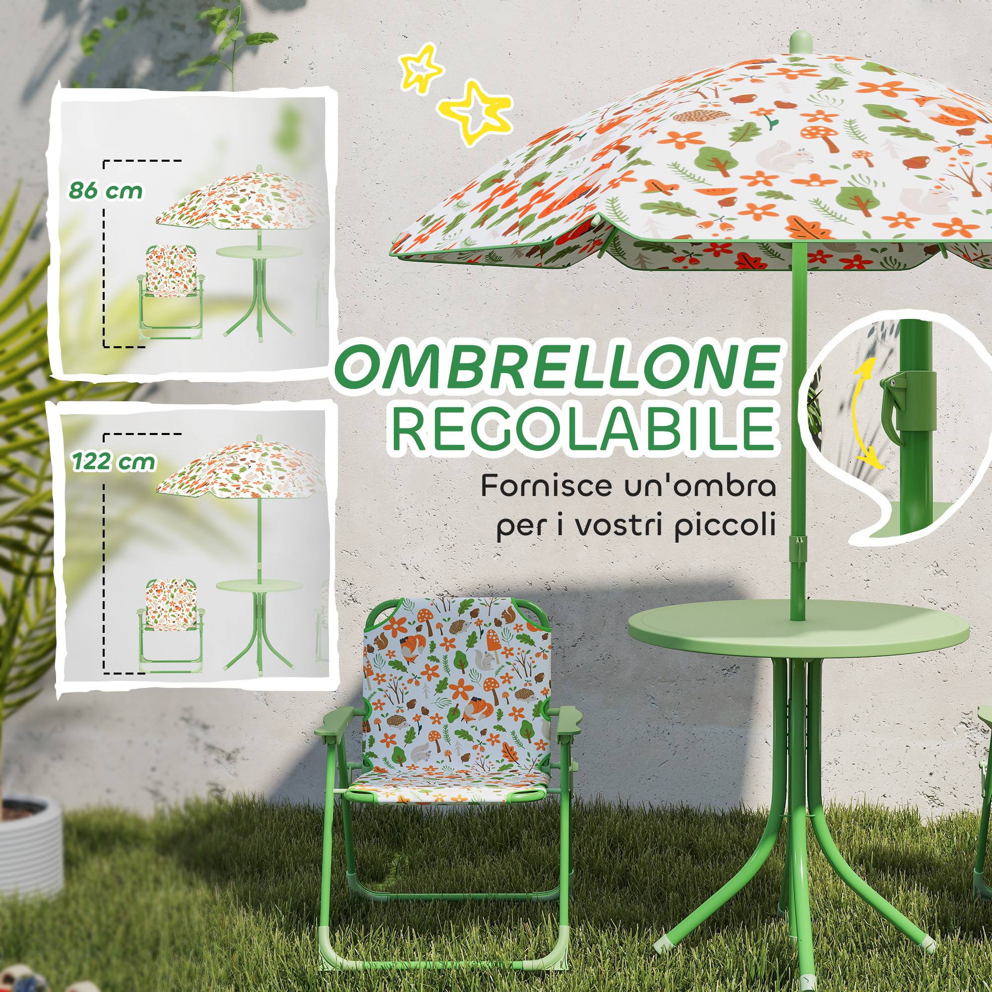 Ensemble jardin enfant 2-5 ans, petite table ronde, 2 chaises pliantes et parasol, vert - Image 7