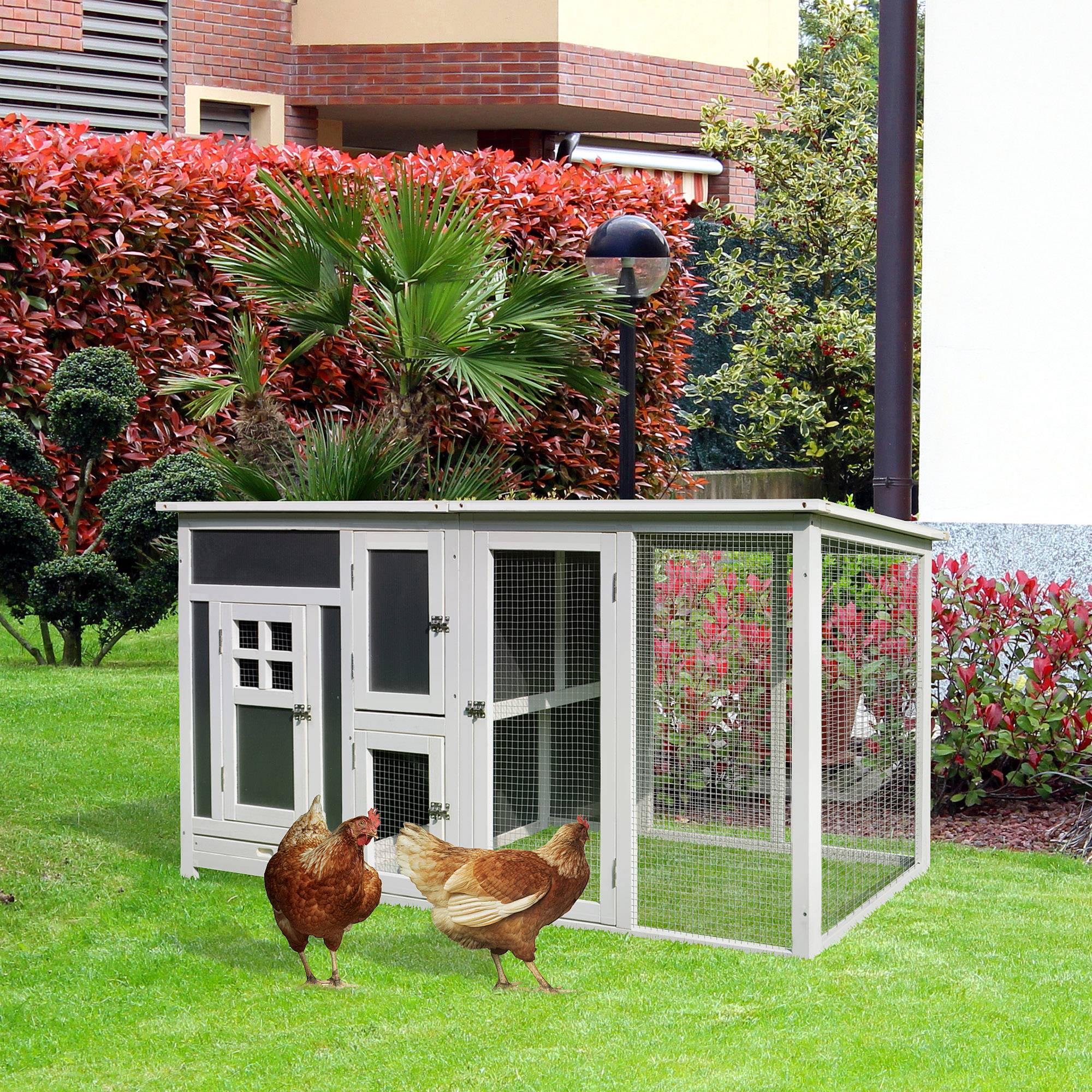 Sans Marque - Poulailler bois 160x75x80 cm, enclos, porte, nichoir, toit étanche, bac amovible, 1-2 poules, Gris+Blanc - Image 3