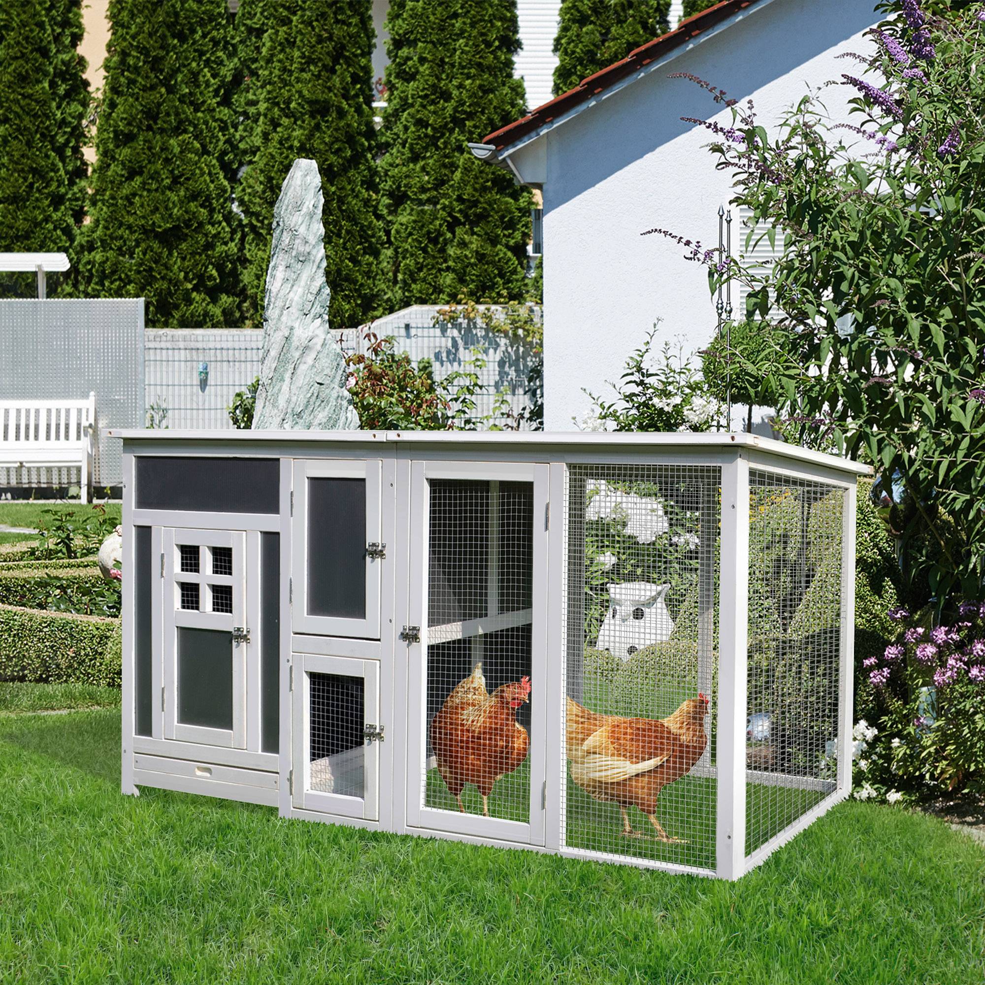 Sans Marque - Poulailler bois 160x75x80 cm, enclos, porte, nichoir, toit étanche, bac amovible, 1-2 poules, Gris+Blanc - Image 4