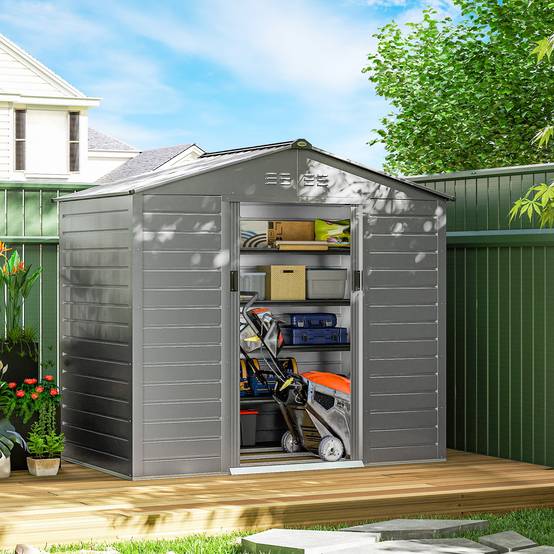 Abri 2,43m² 213x131x192cm outillage toit double pente porte coulissante verrouillable étanche gris - Image 4