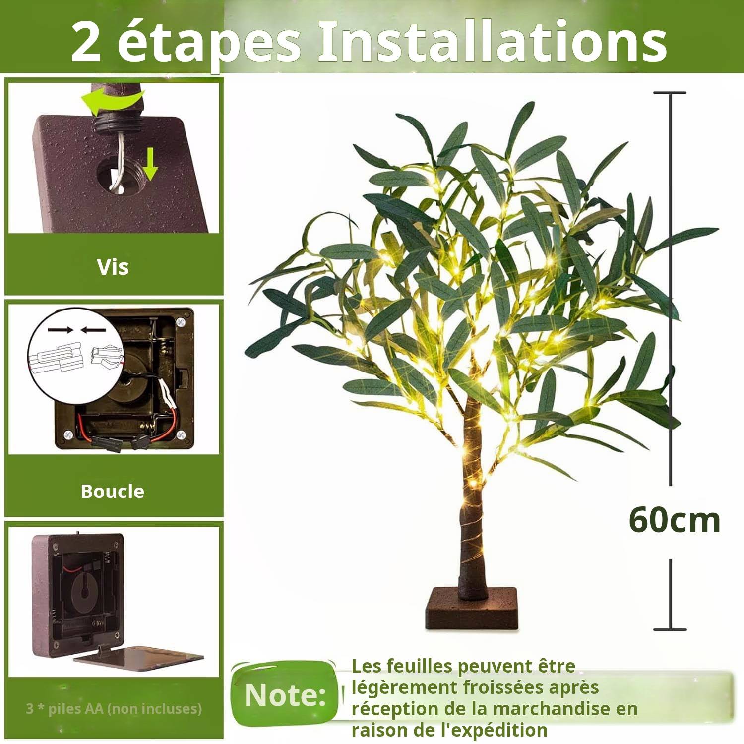 Lot de 2 arbres décoratifs LED Olivier 50 lumières, alimentation par piles, lampe de table festive et lumineuse pour maison et fêtes de Noël - Image 2