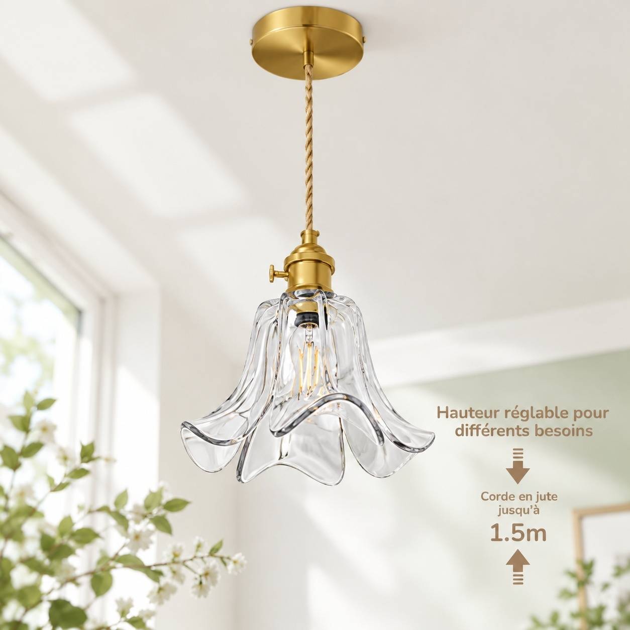 Suspension Luminaire Verre Fleur Cuivre Ajustable Style Moderne - Image 3