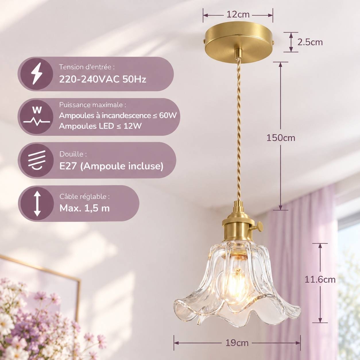 Suspension Luminaire Verre Fleur Cuivre Ajustable Style Moderne - Image 6