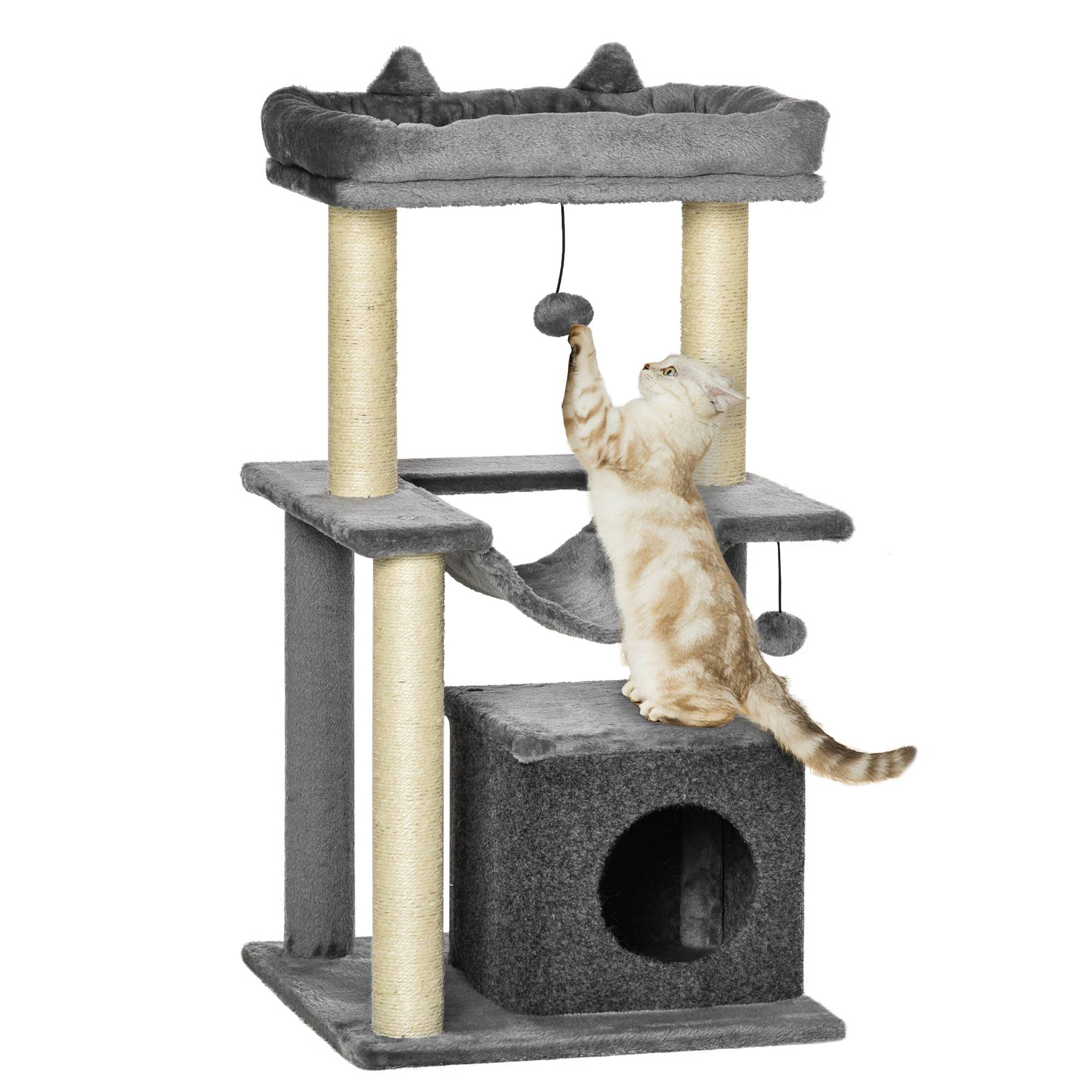 arbre à chat tour jeu couchage cachette hamac plateforme tissu peluche 48x48x90 cm gris chat intérieur compact - Image 1
