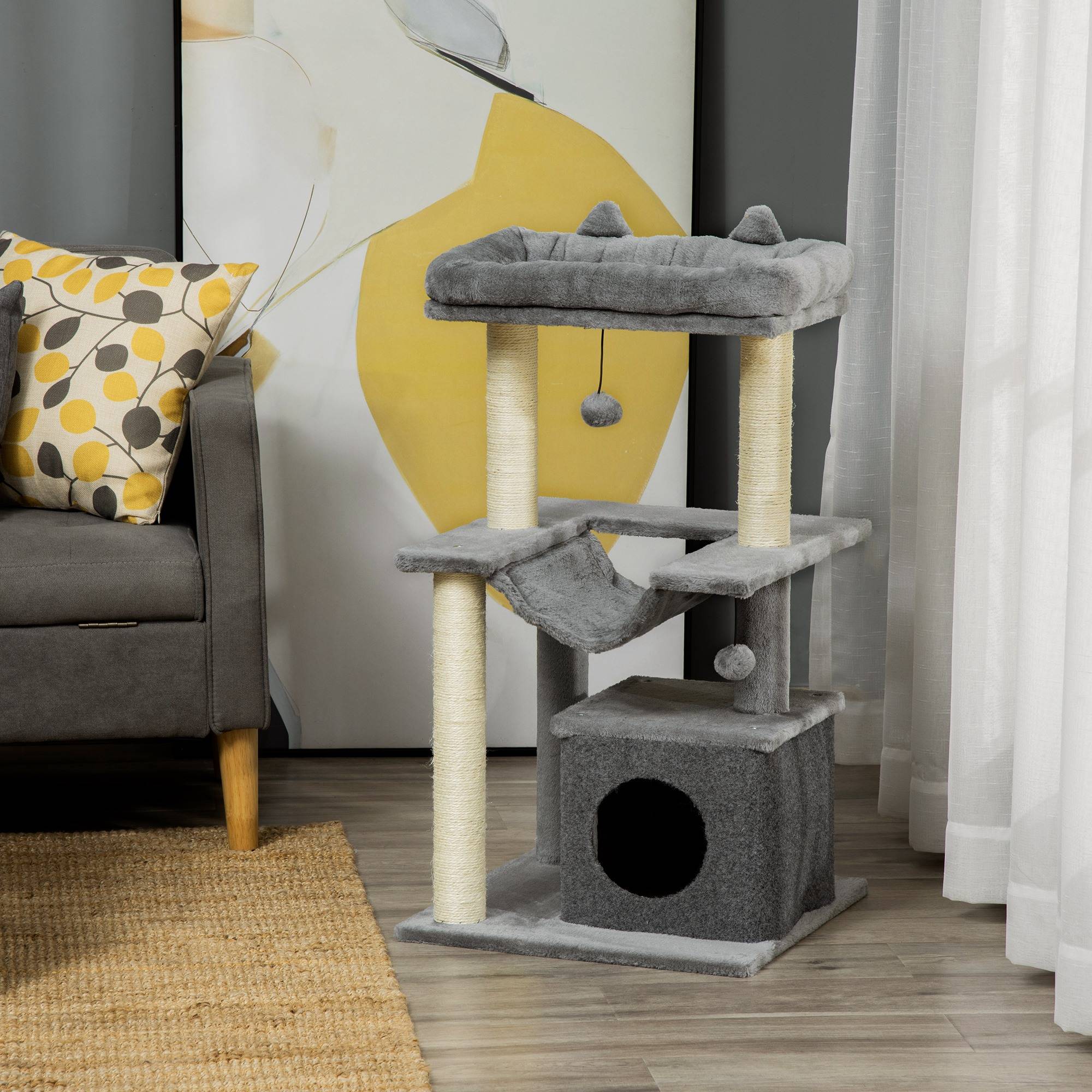 arbre à chat tour jeu couchage cachette hamac plateforme tissu peluche 48x48x90 cm gris chat intérieur compact - Image 4