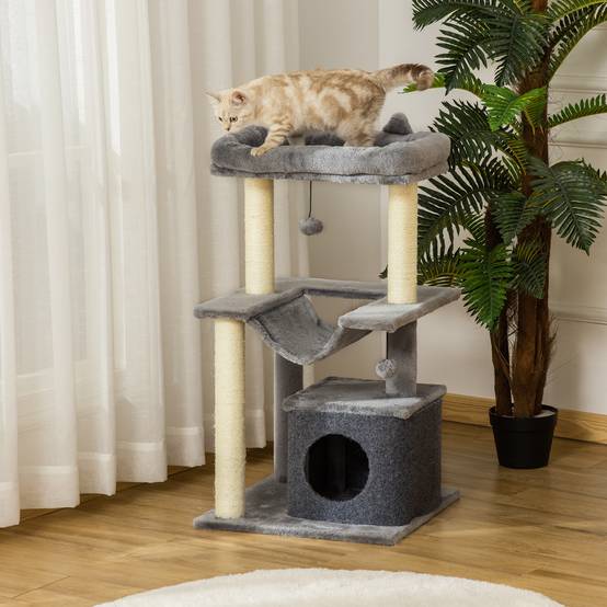 arbre à chat tour jeu couchage cachette hamac plateforme tissu peluche 48x48x90 cm gris chat intérieur compact - Image 3