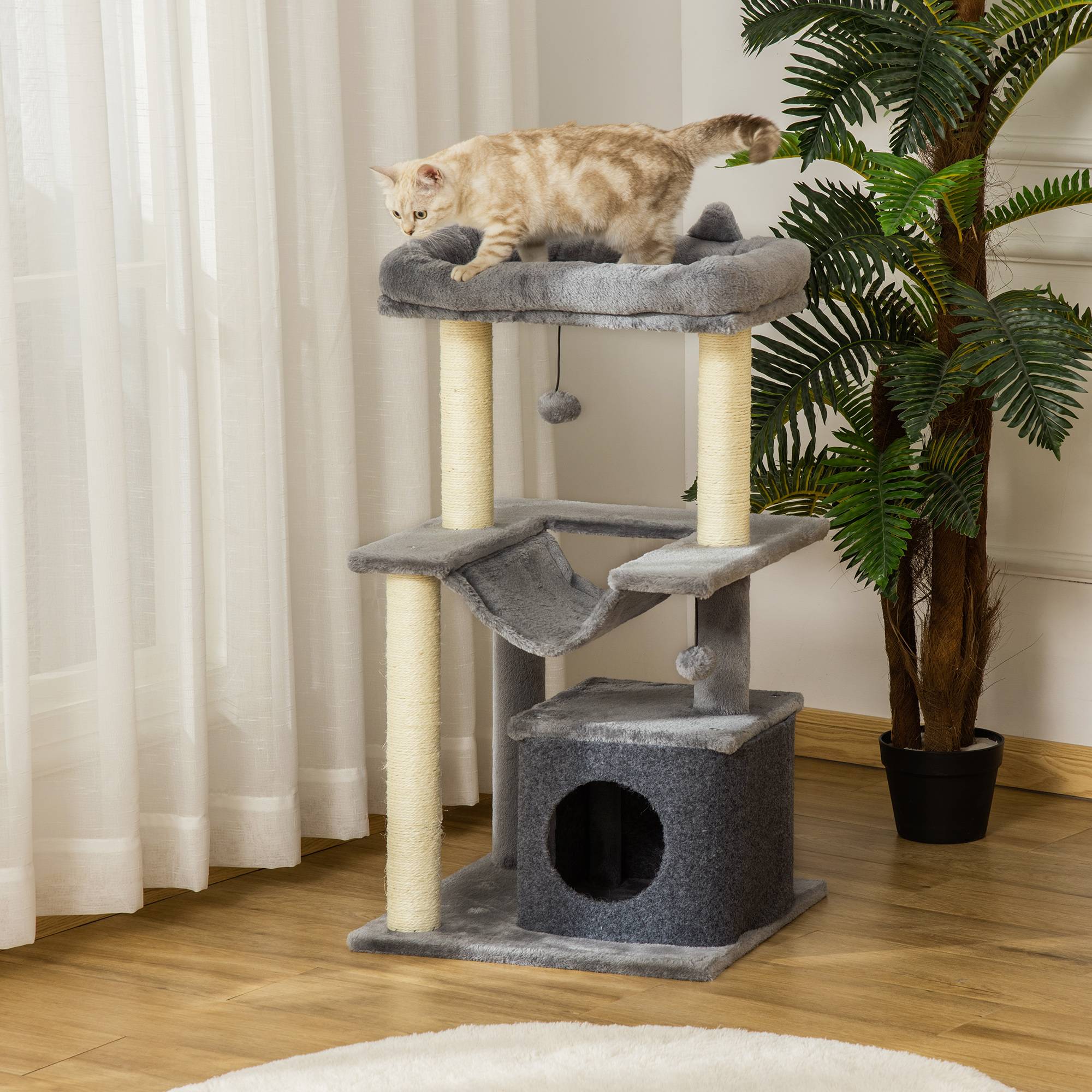 arbre à chat tour jeu couchage cachette hamac plateforme tissu peluche 48x48x90 cm gris chat intérieur compact - Image 3