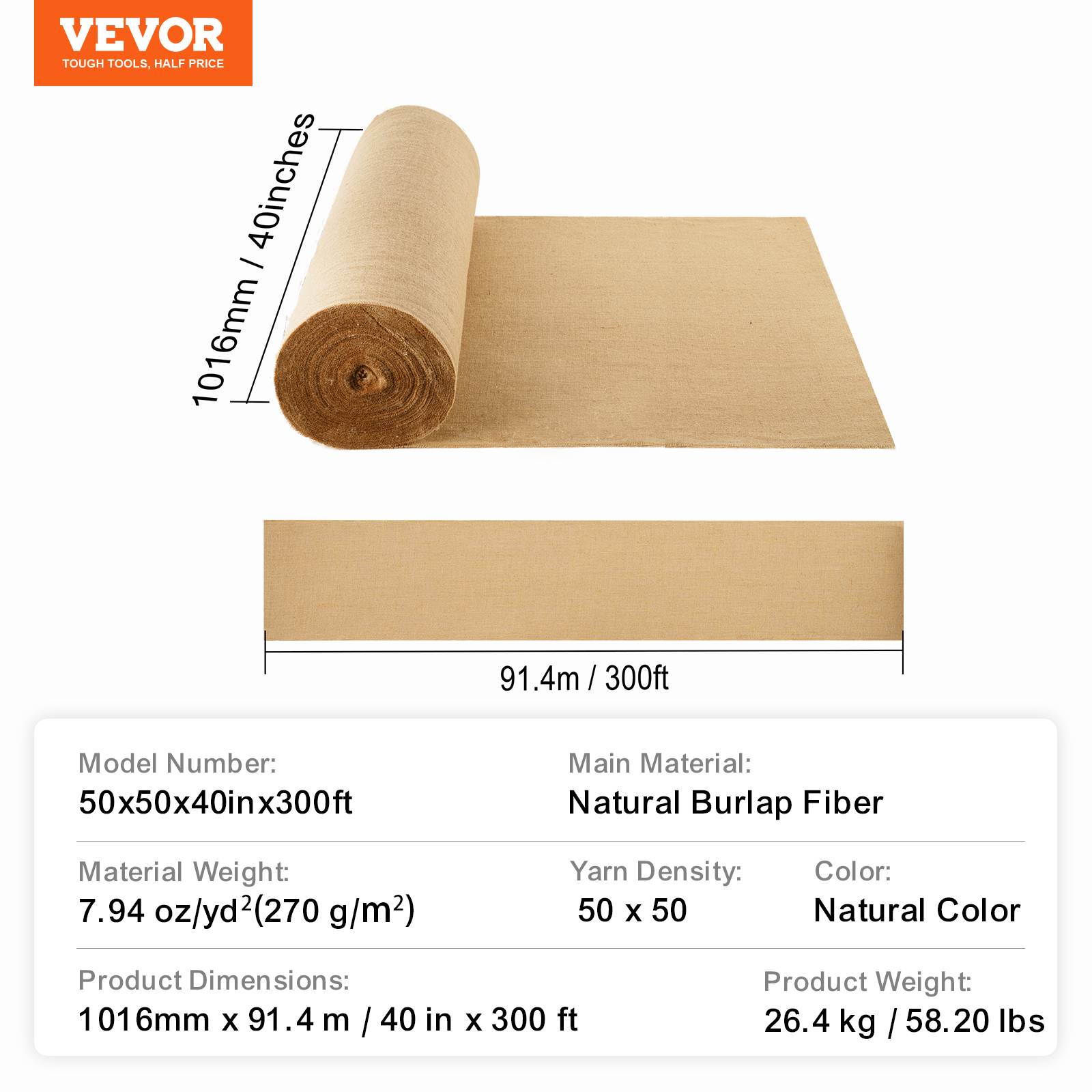Vevor - VEVOR Rouleau toile de jute 1016 mm x 91,4 m, 50x50, naturel. - Image 7