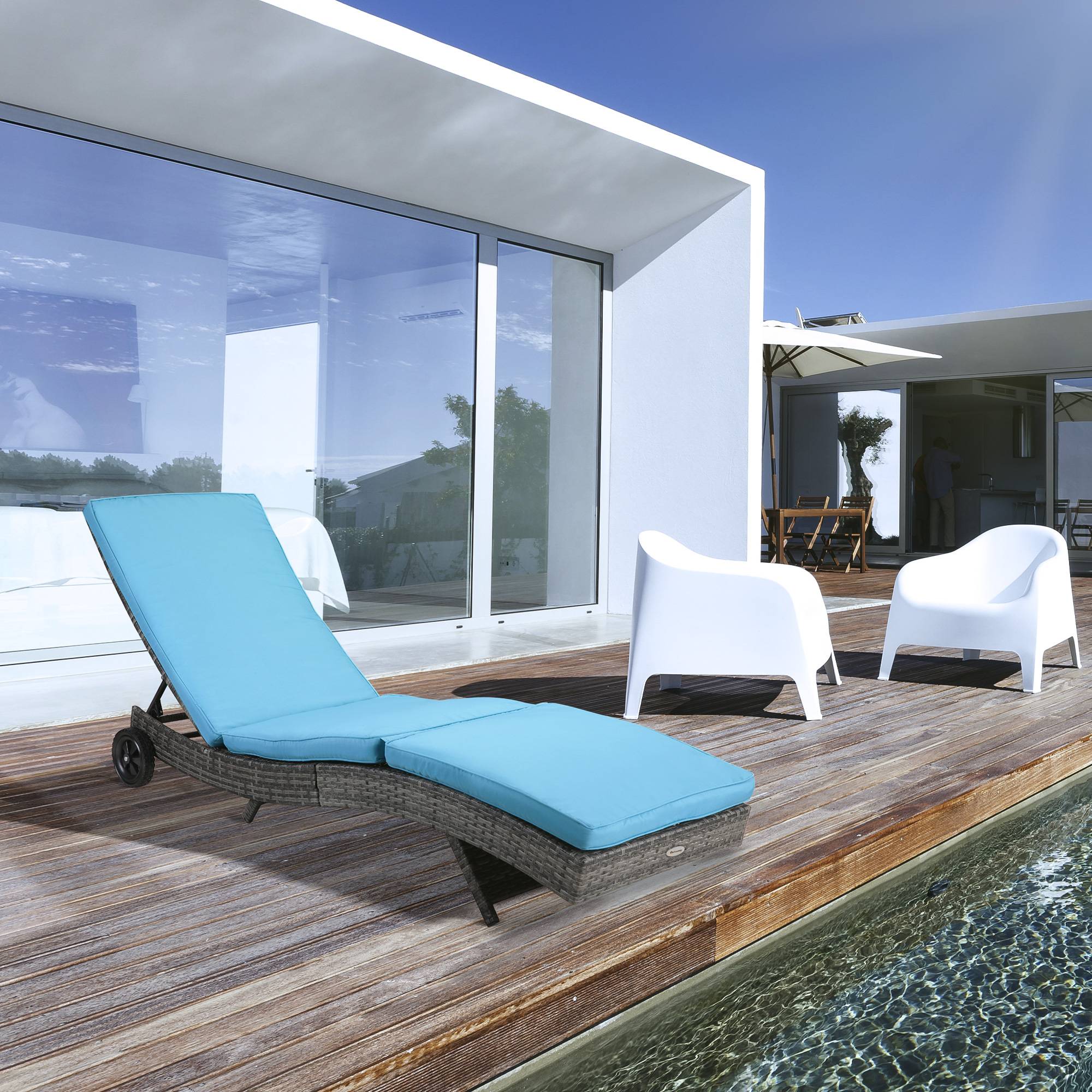 Outsunny - Bain de soleil transat grand confort - dossier inclinable 5 positions roulettes - matelas déhoussable inclus - résine tressée bleu - Outsunny - Image 2