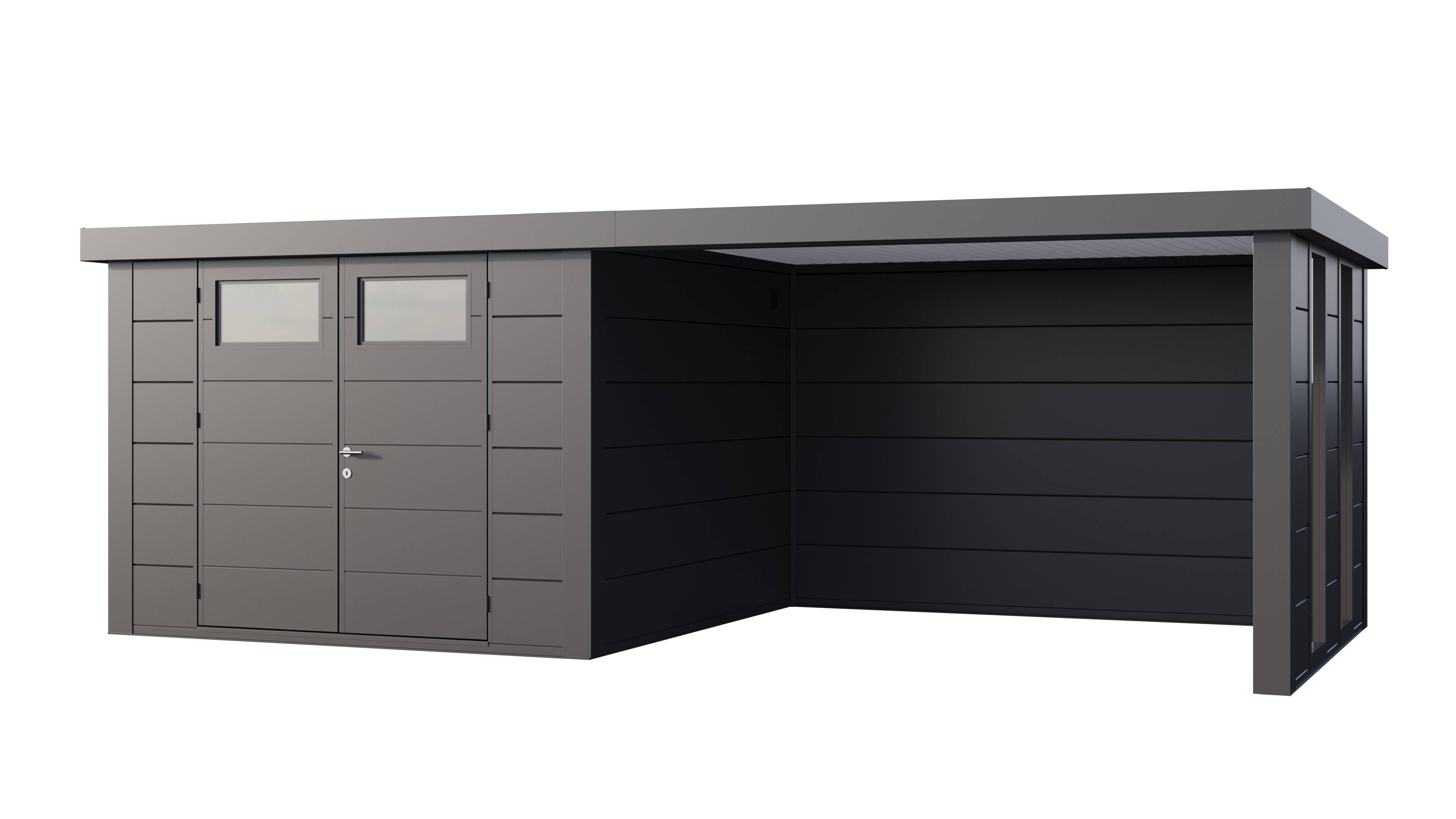 Telluria - Abri de jardin en acier de 8,9 m² anthracite CLASSICO 3030 avec auvent de 10,2 m² fermé à droite et 2 fenêtres - TELLURIA - Image 1