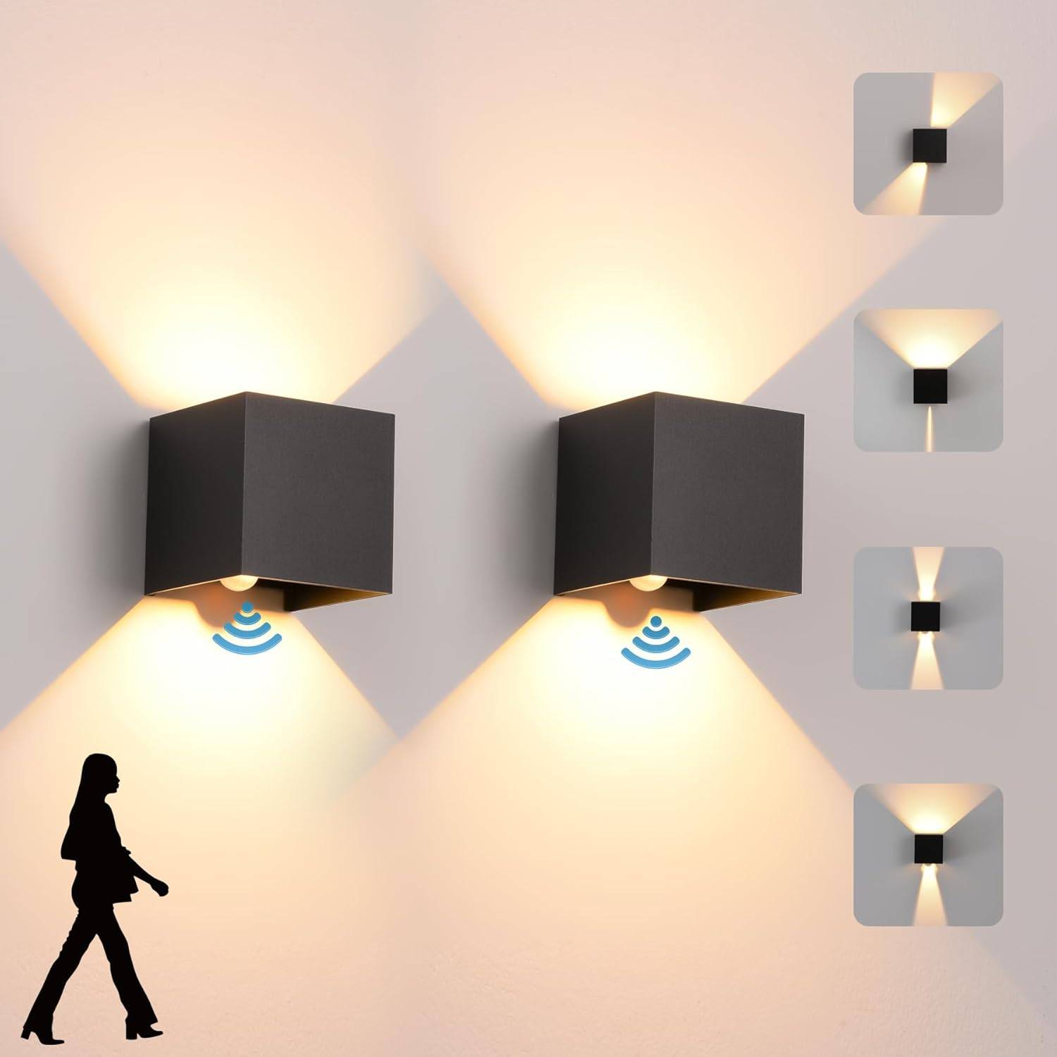 8 in 1 - 2PCS LED Applique Murale Intérieur Extérieur avec Détecteur Mouvement 12W 3000K IP65 Angle Faisceau Réglable Noir - Image 1