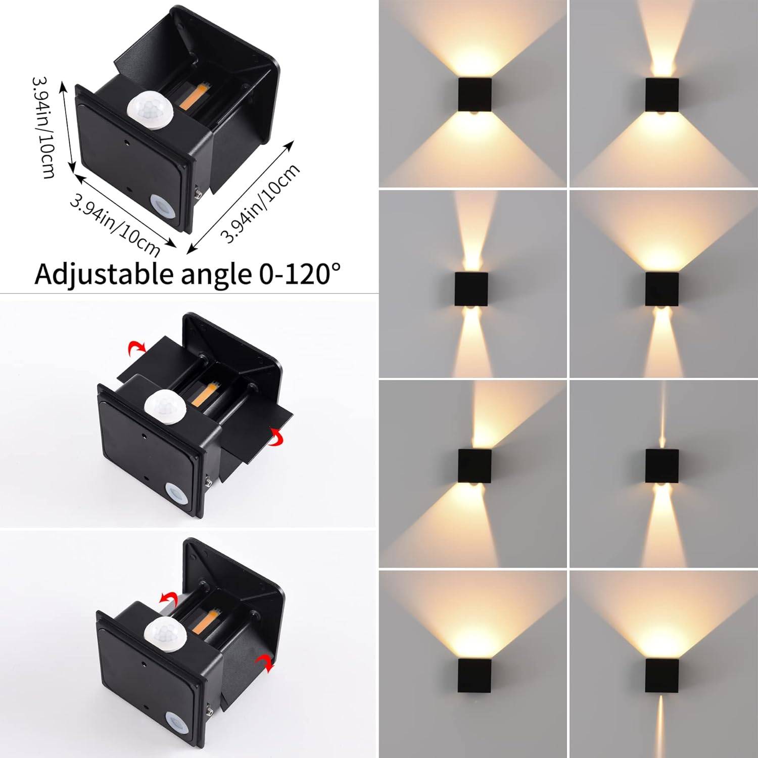 8 in 1 - 2PCS LED Applique Murale Intérieur Extérieur avec Détecteur Mouvement 12W 3000K IP65 Angle Faisceau Réglable Noir - Image 4