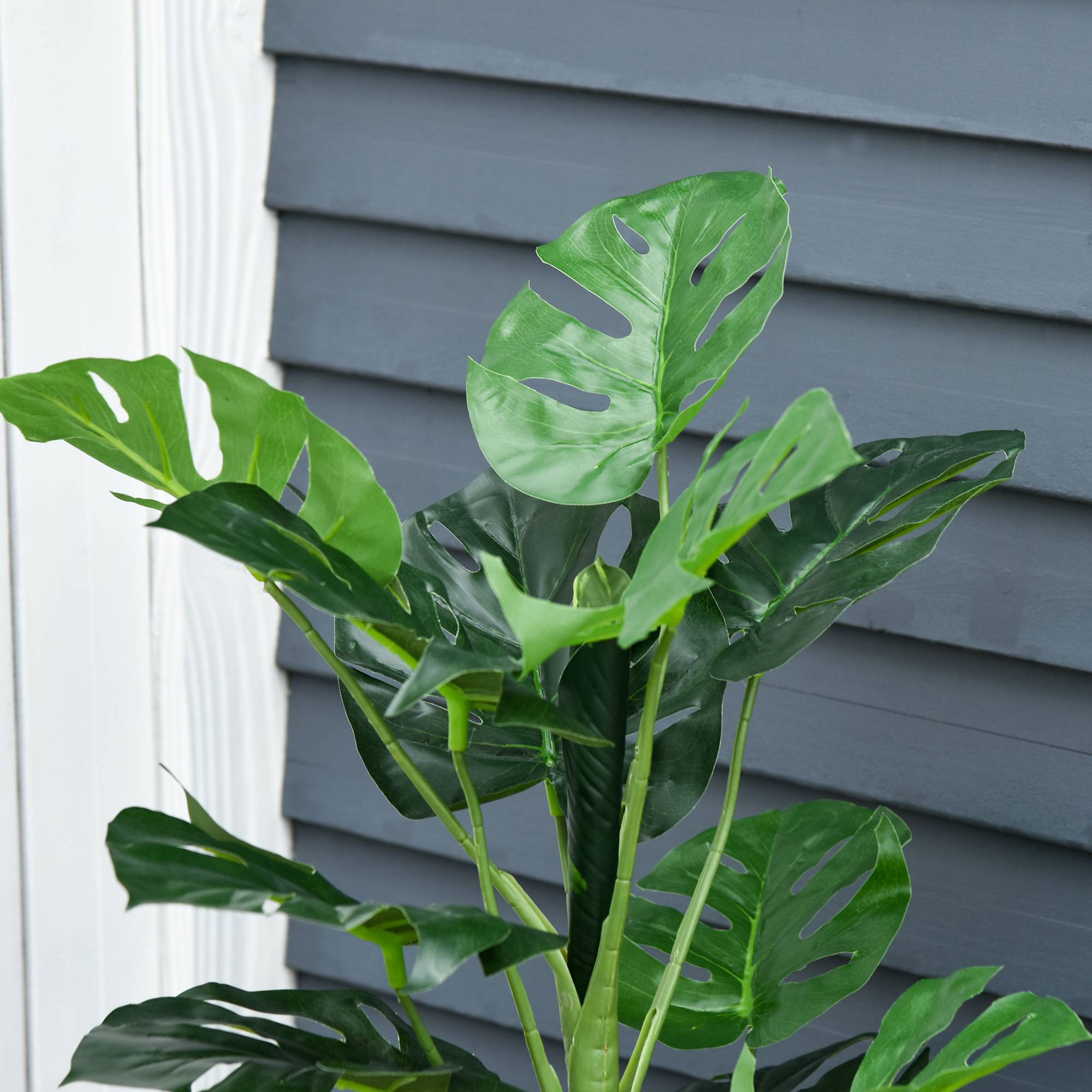 Plante artificielle modèle Monstera avec 21 feuilles en pot ciment, intérieur ou extérieur, dim. Ø16 x 100H cm - Image 10