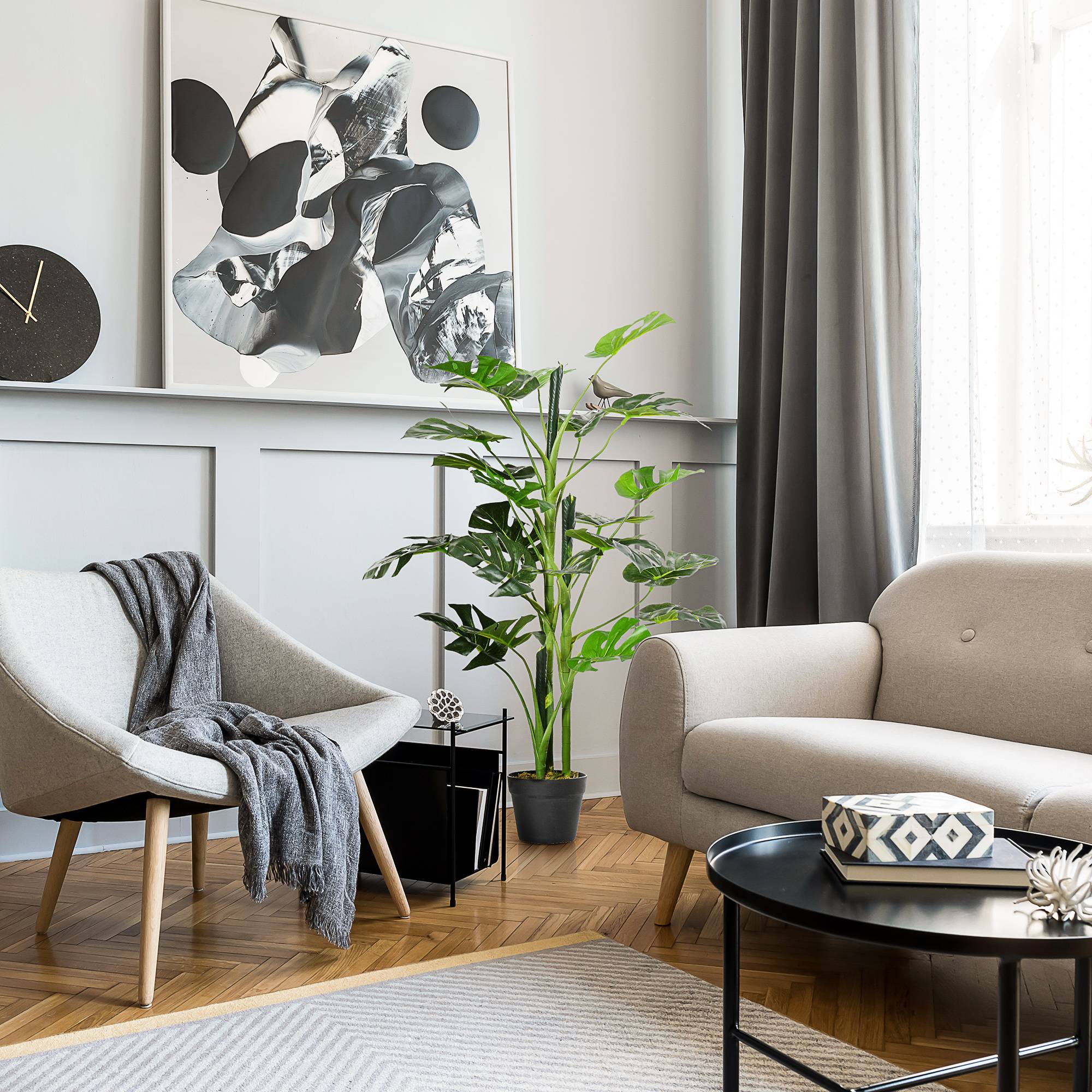 Plante artificielle modèle Monstera avec 21 feuilles en pot ciment, intérieur ou extérieur, dim. Ø16 x 100H cm - Image 3