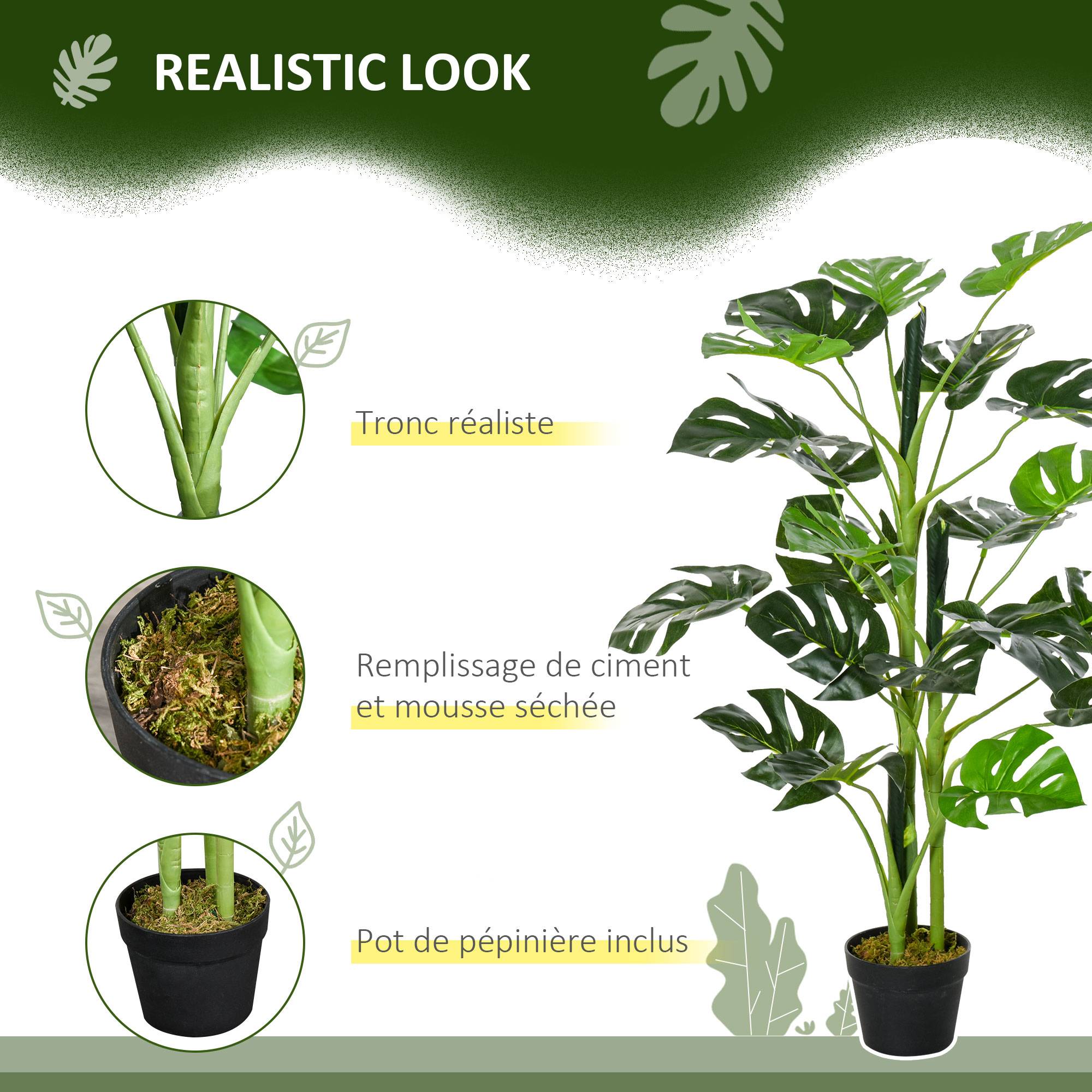 Plante artificielle modèle Monstera avec 21 feuilles en pot ciment, intérieur ou extérieur, dim. Ø16 x 100H cm - Image 8