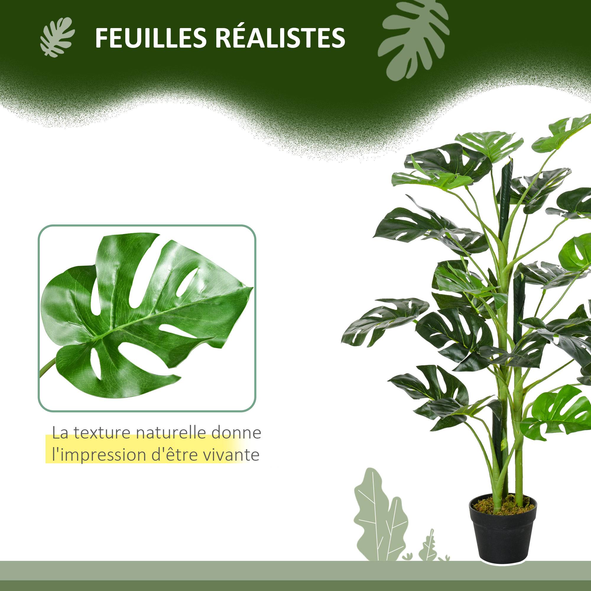 Plante artificielle modèle Monstera avec 21 feuilles en pot ciment, intérieur ou extérieur, dim. Ø16 x 100H cm - Image 7