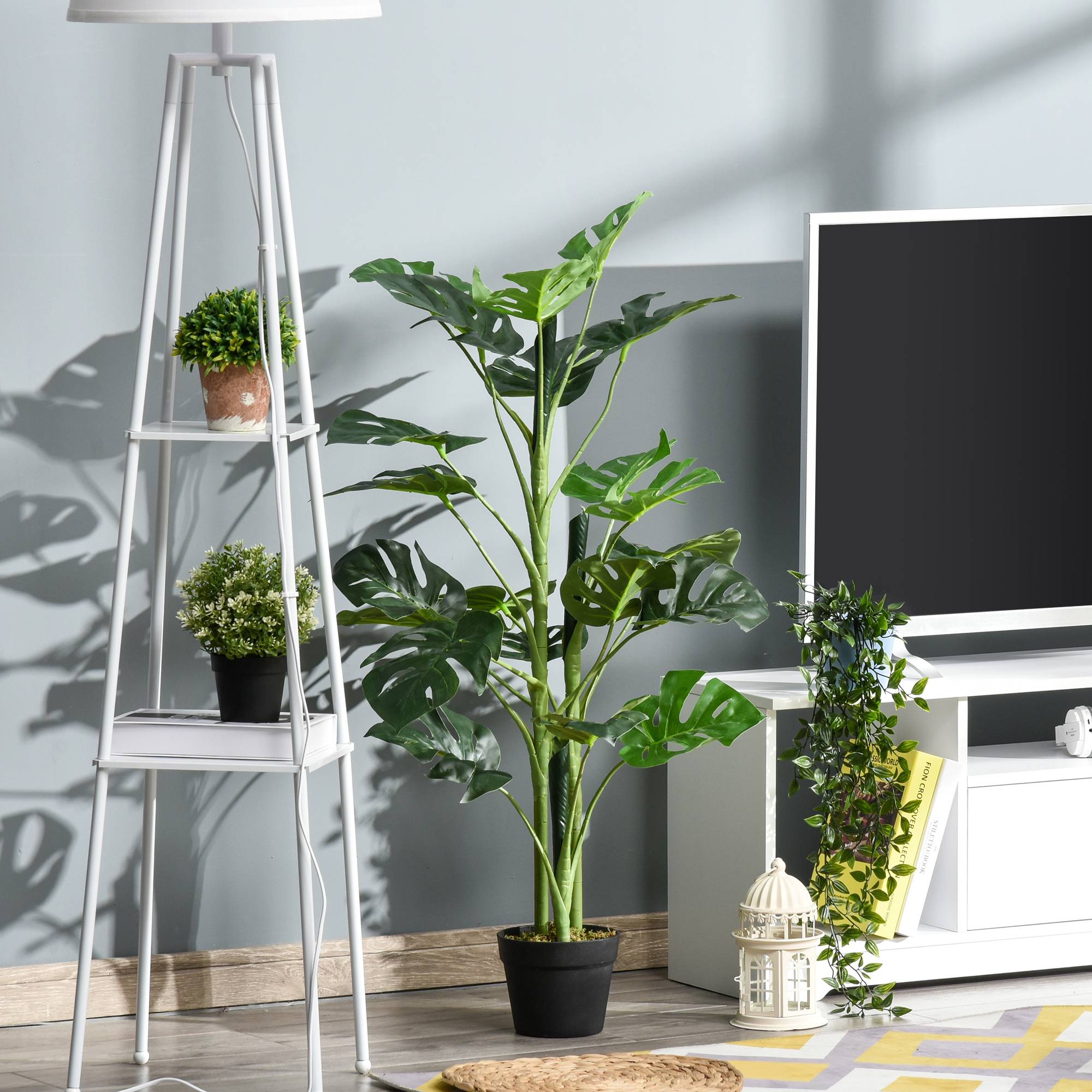 Plante artificielle modèle Monstera avec 21 feuilles en pot ciment, intérieur ou extérieur, dim. Ø16 x 100H cm - Image 6