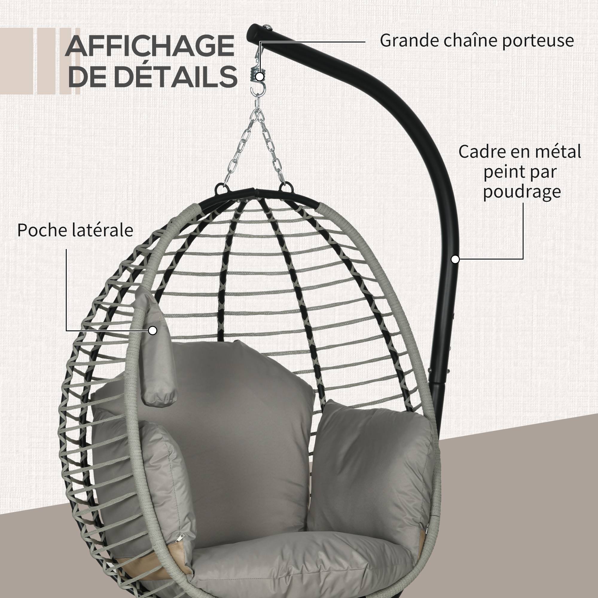 Fauteuil œuf suspendu acier 110 x 100 x 188 cm - PANGIVO - Image 9