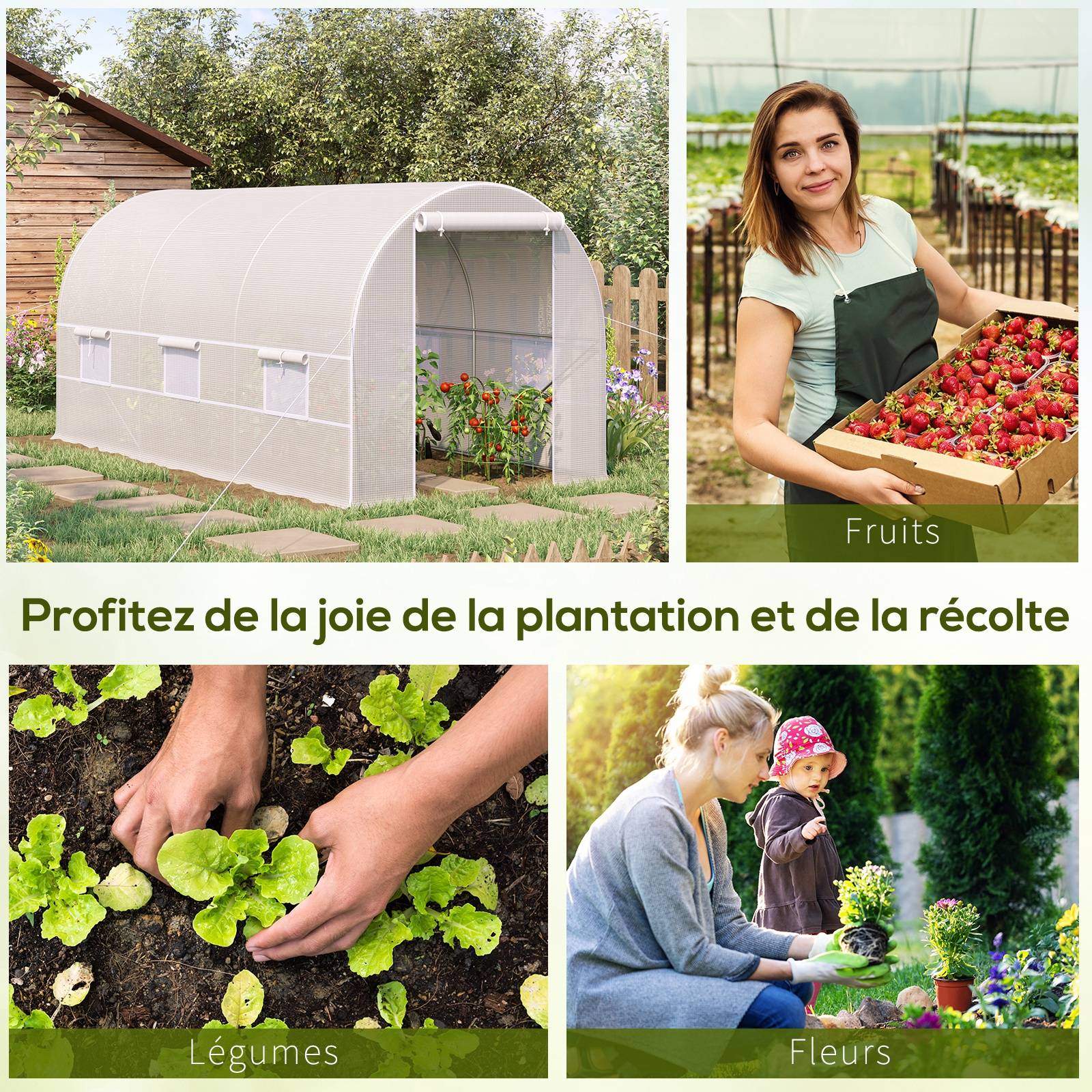 Serre tunnel de jardin 8m², serre de jardin tunnel avec porte et 6 fenêtres, bâche PE 140 g/m² 400 x 200 x 200 cm blanc - Image 7