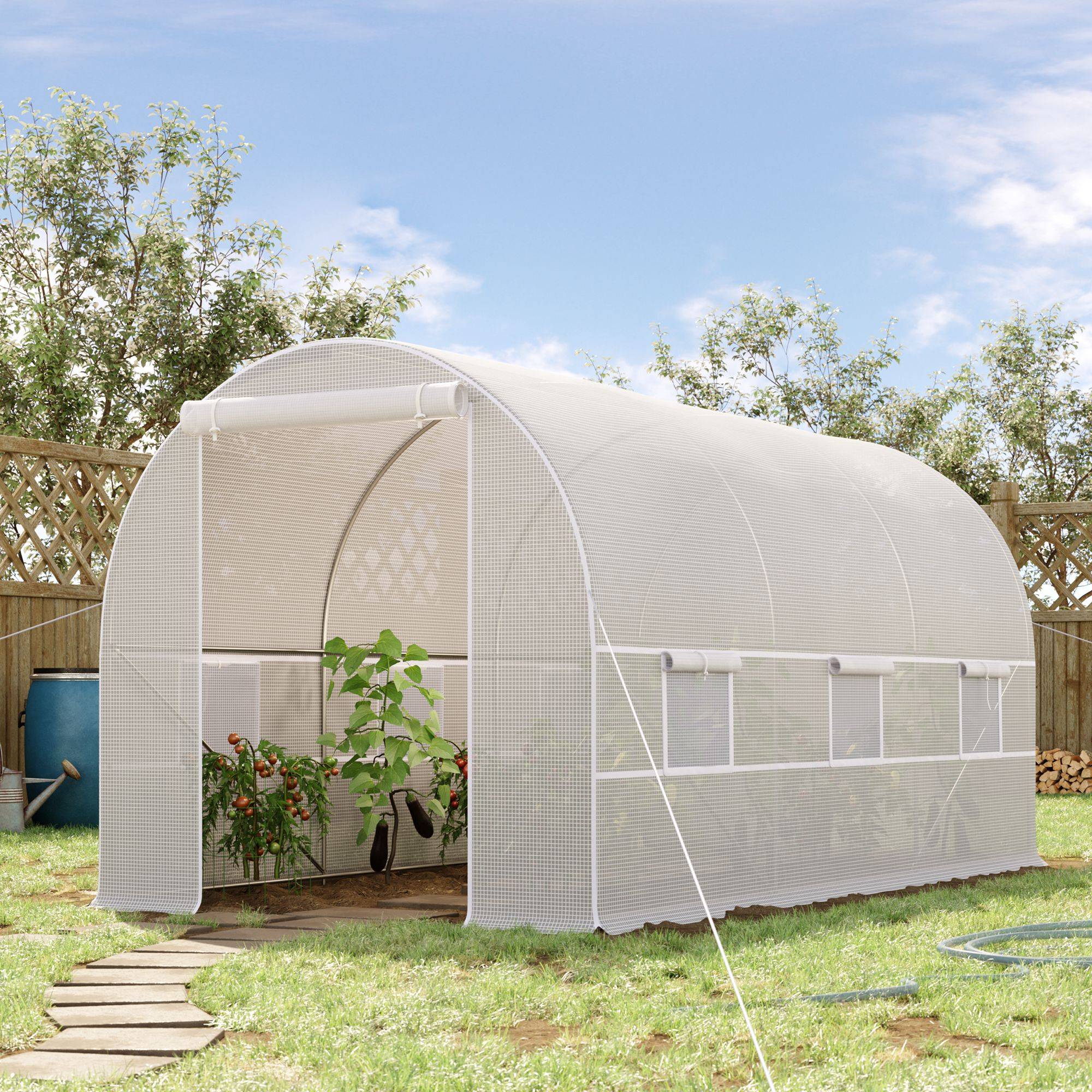 Serre tunnel de jardin 8m², serre de jardin tunnel avec porte et 6 fenêtres, bâche PE 140 g/m² 400 x 200 x 200 cm blanc - Image 3