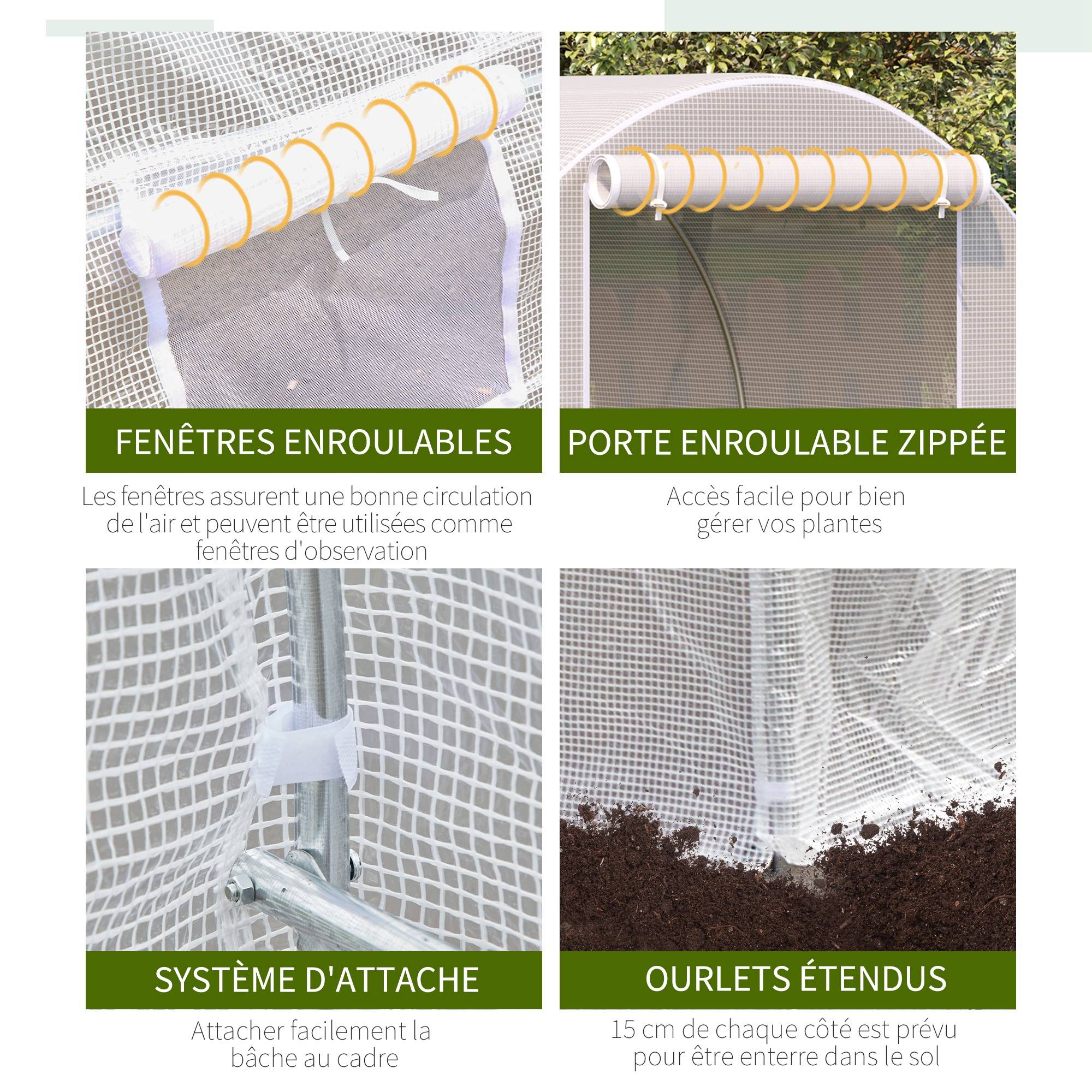 Serre tunnel de jardin 8m², serre de jardin tunnel avec porte et 6 fenêtres, bâche PE 140 g/m² 400 x 200 x 200 cm blanc - Image 8