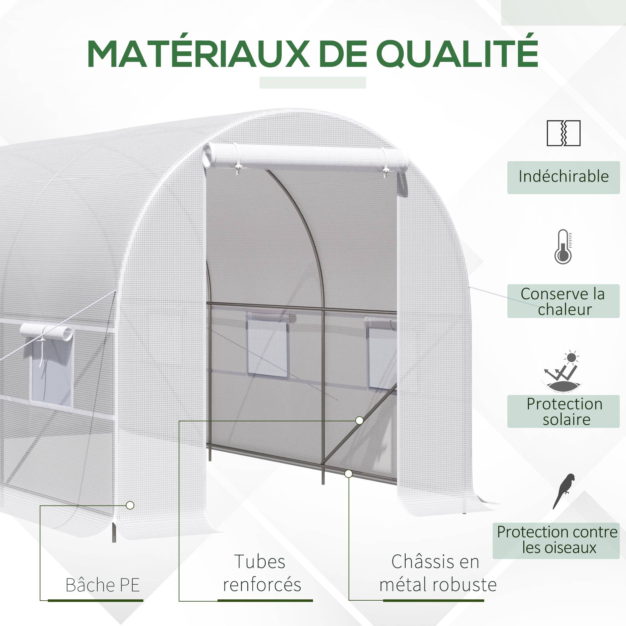 Serre tunnel de jardin 8m², serre de jardin tunnel avec porte et 6 fenêtres, bâche PE 140 g/m² 400 x 200 x 200 cm blanc - Image 6