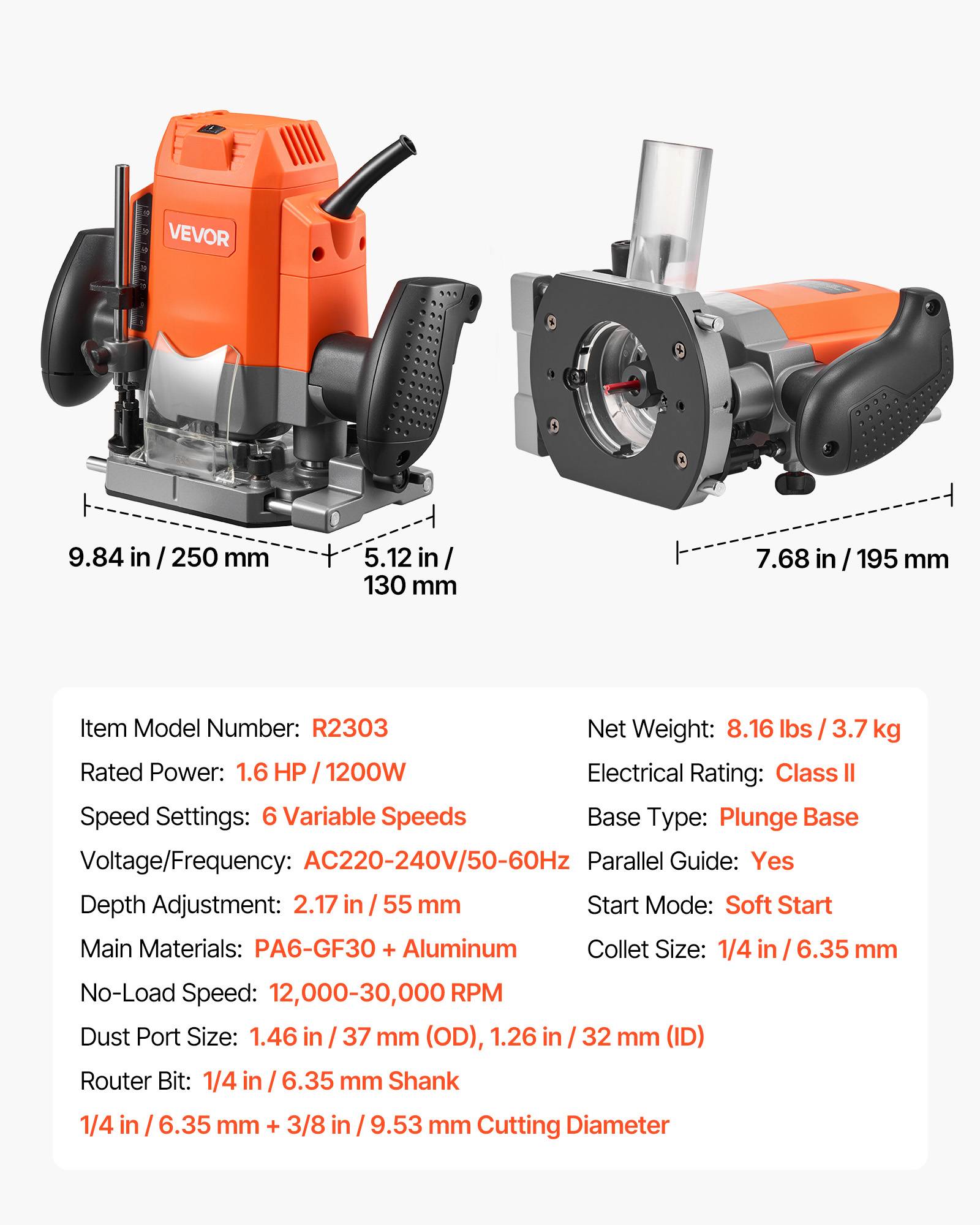 Vevor - VEVOR Défonceuse bois 1200 W, 6 vitesses, base plongeante, démarrage progressif, guide parallèle, capot anti-poussière, filaire - Image 6