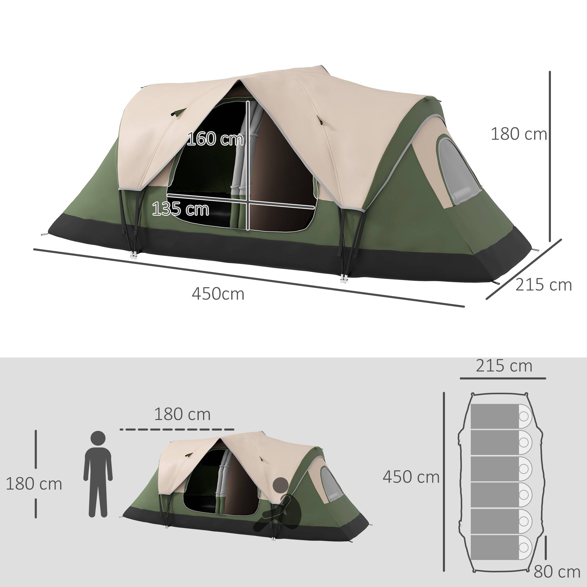 Tente pliable à 2 pièces avec sac de transport étanche, 450 x 215 x 180 cm, vert olive et marron - Image 5