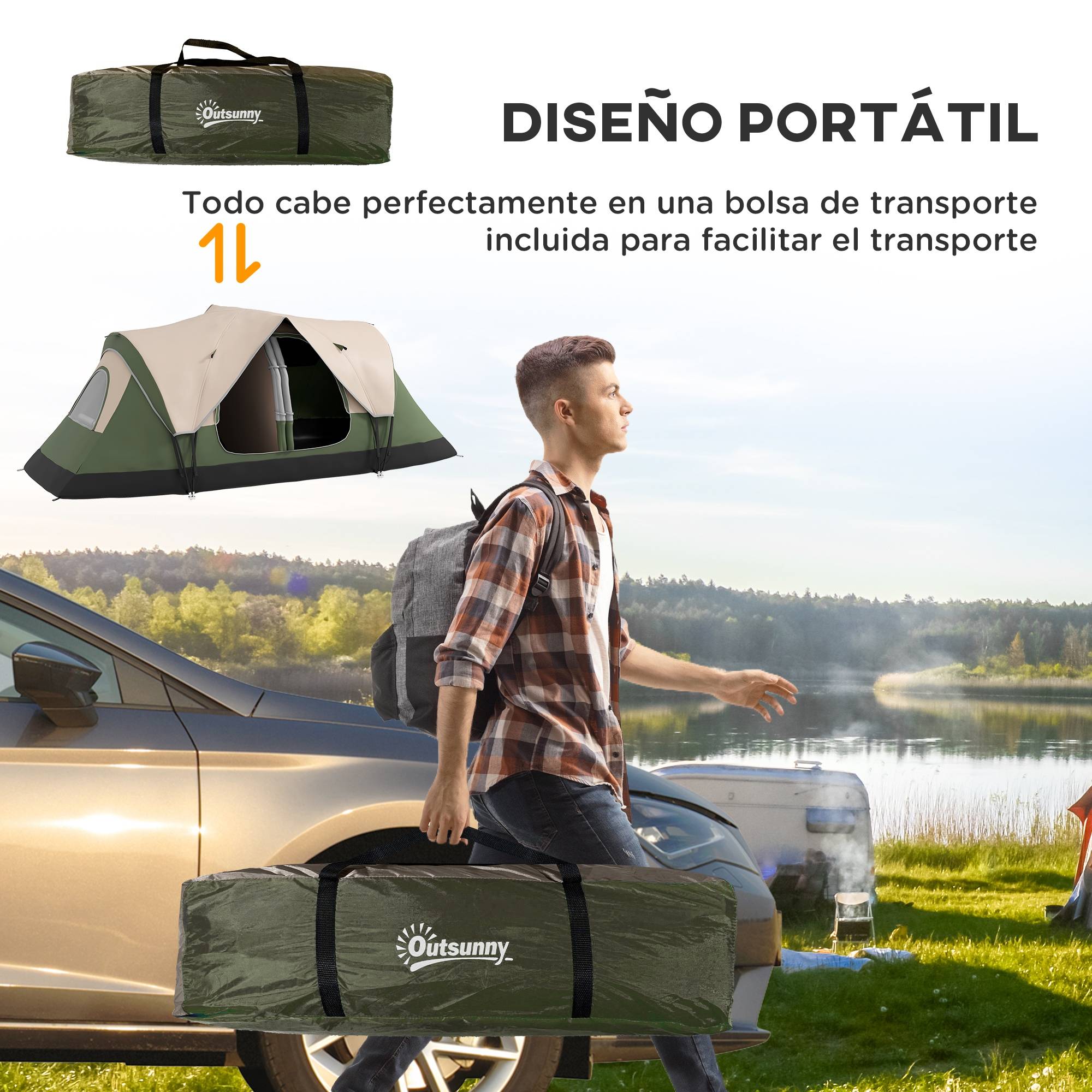 Tente pliable à 2 pièces avec sac de transport étanche, 450 x 215 x 180 cm, vert olive et marron - Image 9