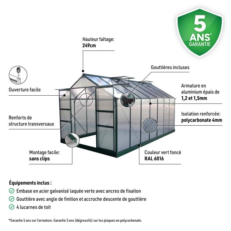 Serre de jardin 13,2m² polycarbonate 4mm avec embase aluminium Green Protect verte - Image 5