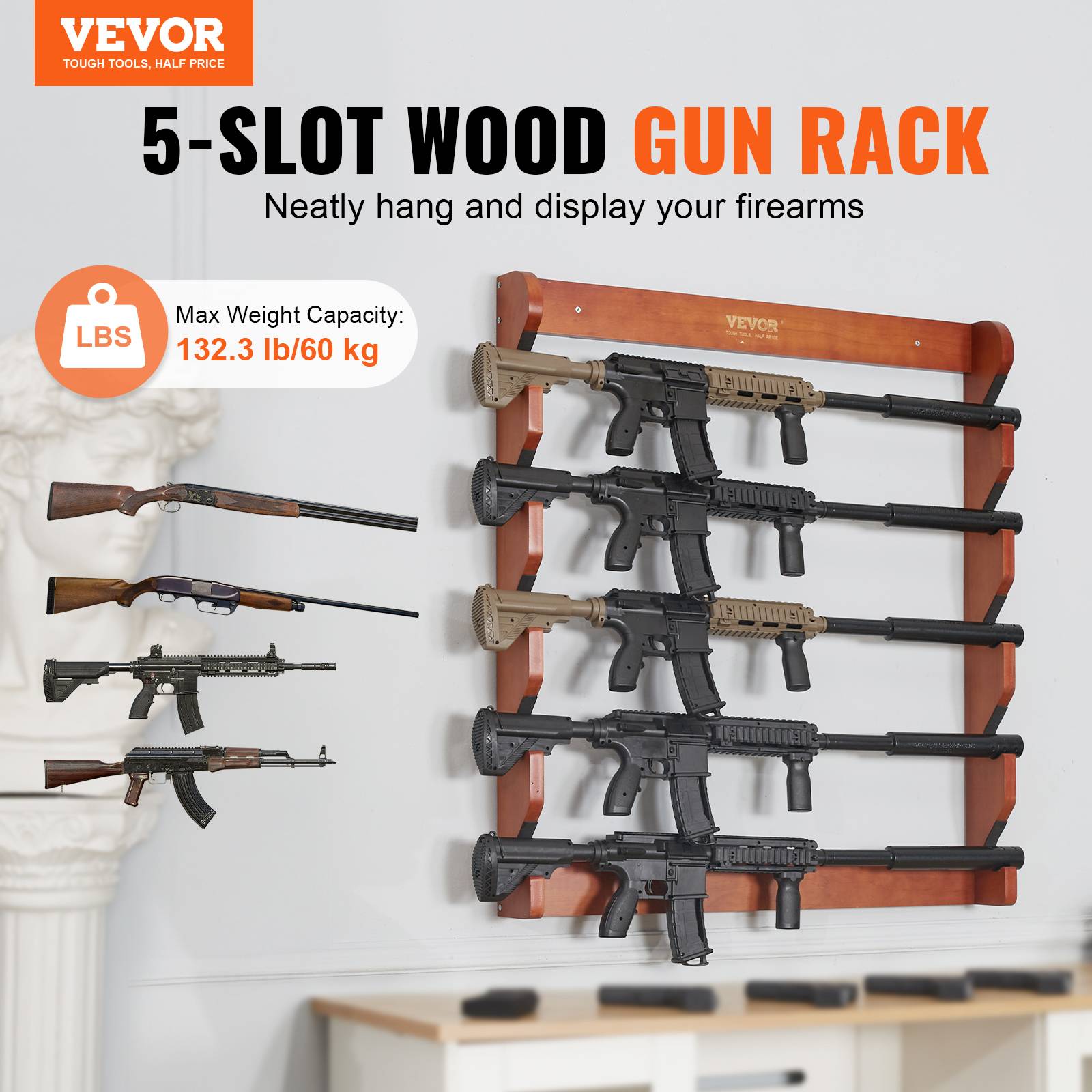 Vevor - VEVOR Support mural arme à feu, bois, 5 fusils. Charge 60 kg, rembourrage. - Image 2