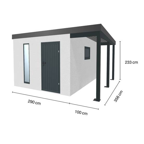 Abri de jardin en métal finition crépi 2900 x 3560 mm blanc avec auvent à droite 1000 x 3560 mm anthracite - Image 1
