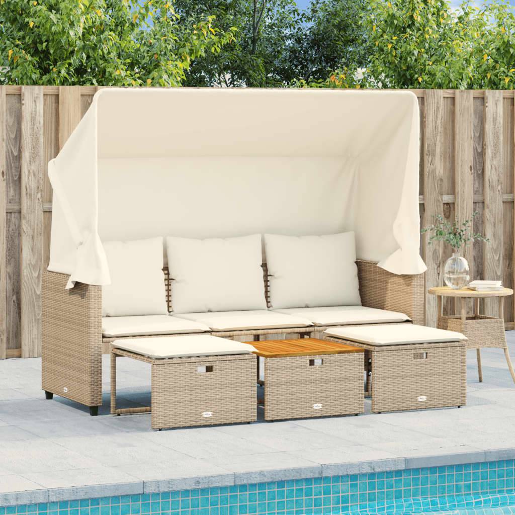 Ensemble Canapé 3 Places à Auvent en Résine Tressée Beige et Table en Bois d'Acacia Dur – ComfortXL Outdoor Living - Image 3