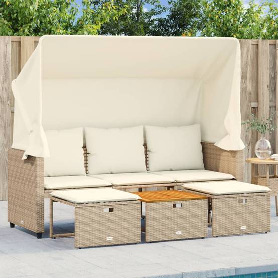 Ensemble Canapé 3 Places à Auvent en Résine Tressée Beige et Table en Bois d'Acacia Dur – ComfortXL Outdoor Living - Image 1