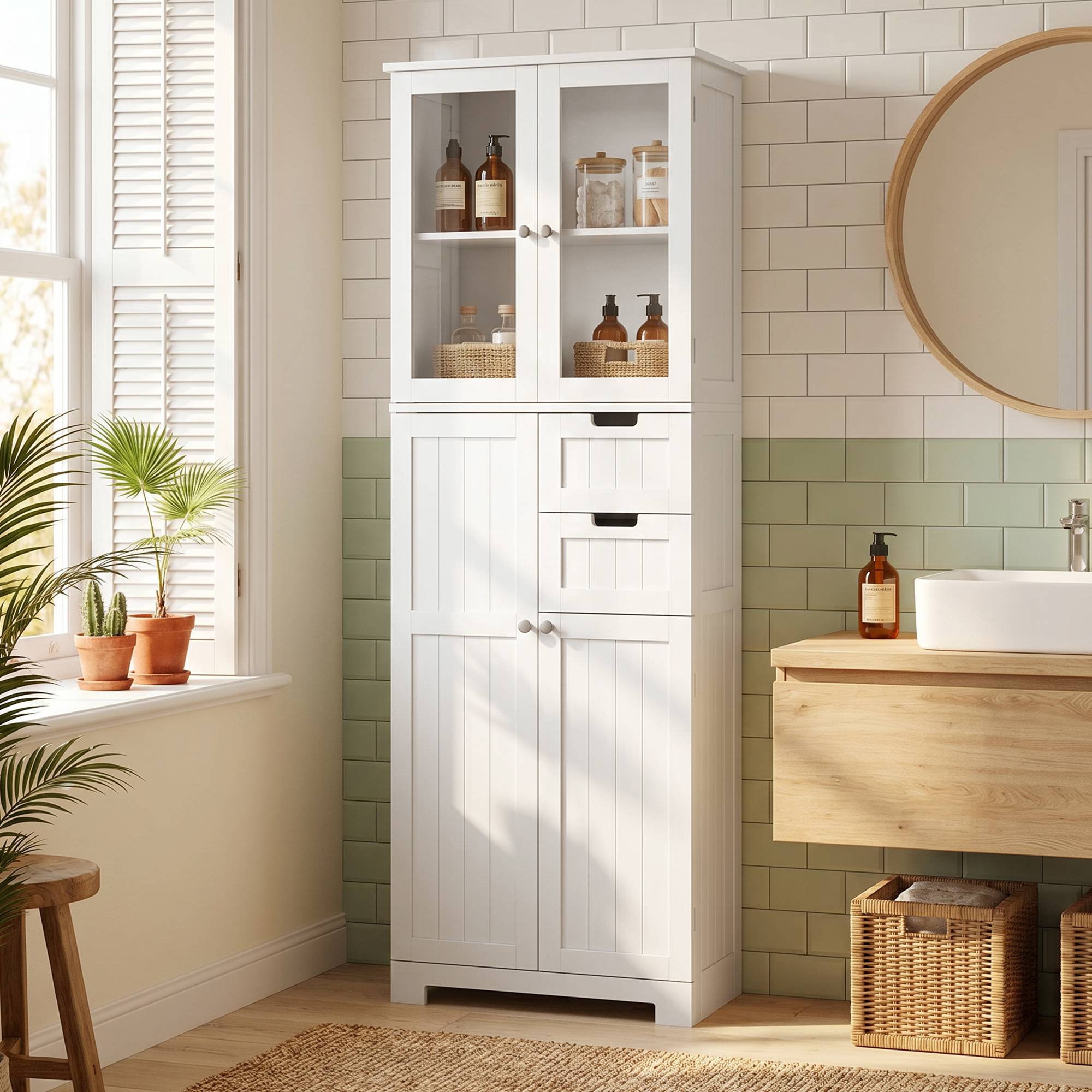 Sans Marque - Meuble salle bain haut 4 Portes 2 Tiroirs 60x30x170cm Blanc - Image 4