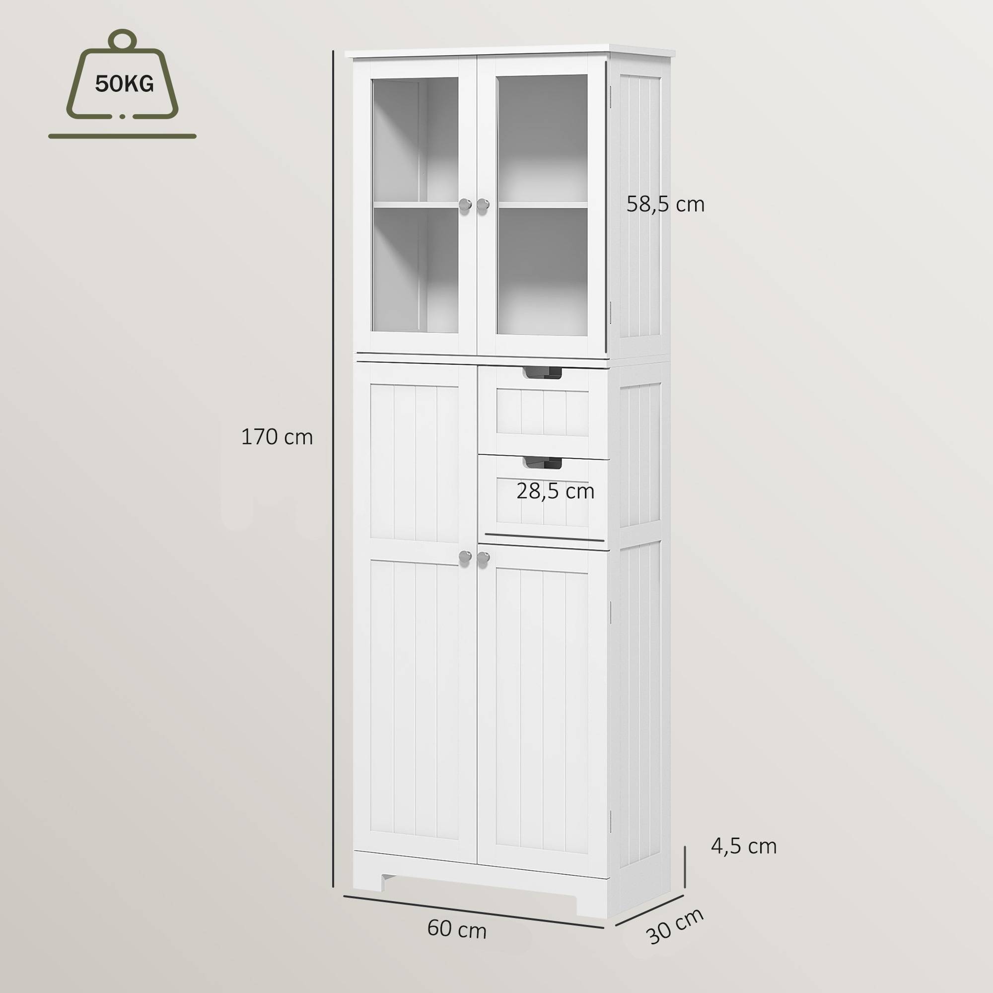 Sans Marque - Meuble salle bain haut 4 Portes 2 Tiroirs 60x30x170cm Blanc - Image 5