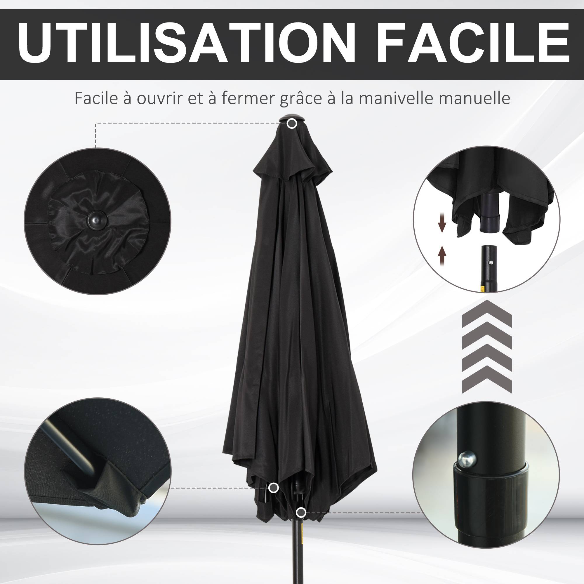 Parasol droit parasol inclinable de jardin manivelle toile polyester haute densité 180 g/m² Ø2,6 x 2,35 m aluminium noir - Image 6
