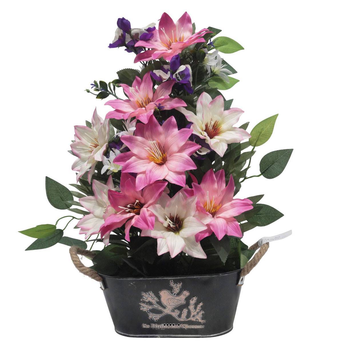 Artificielles - Jardinière Zinc dahlia, Rose, Mini fleurs, Pensée et Ficus Rose artificiels pour la Toussaint - couleur: Rose 715 - Image 1