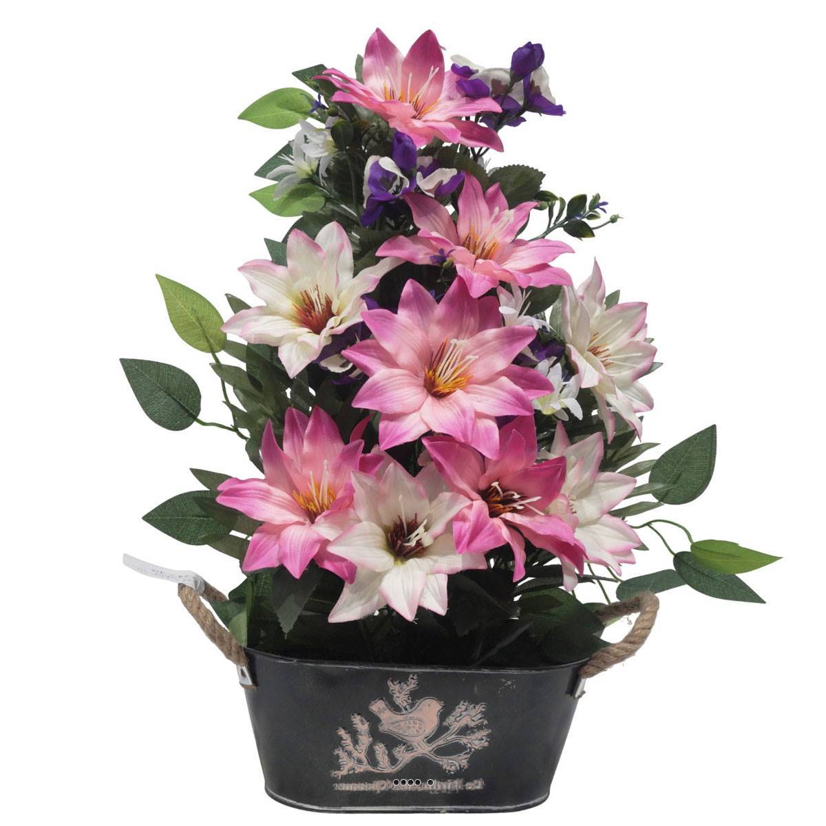Artificielles - Jardinière Zinc dahlia, Rose, Mini fleurs, Pensée et Ficus Rose artificiels pour la Toussaint - couleur: Rose 715 - Image 2