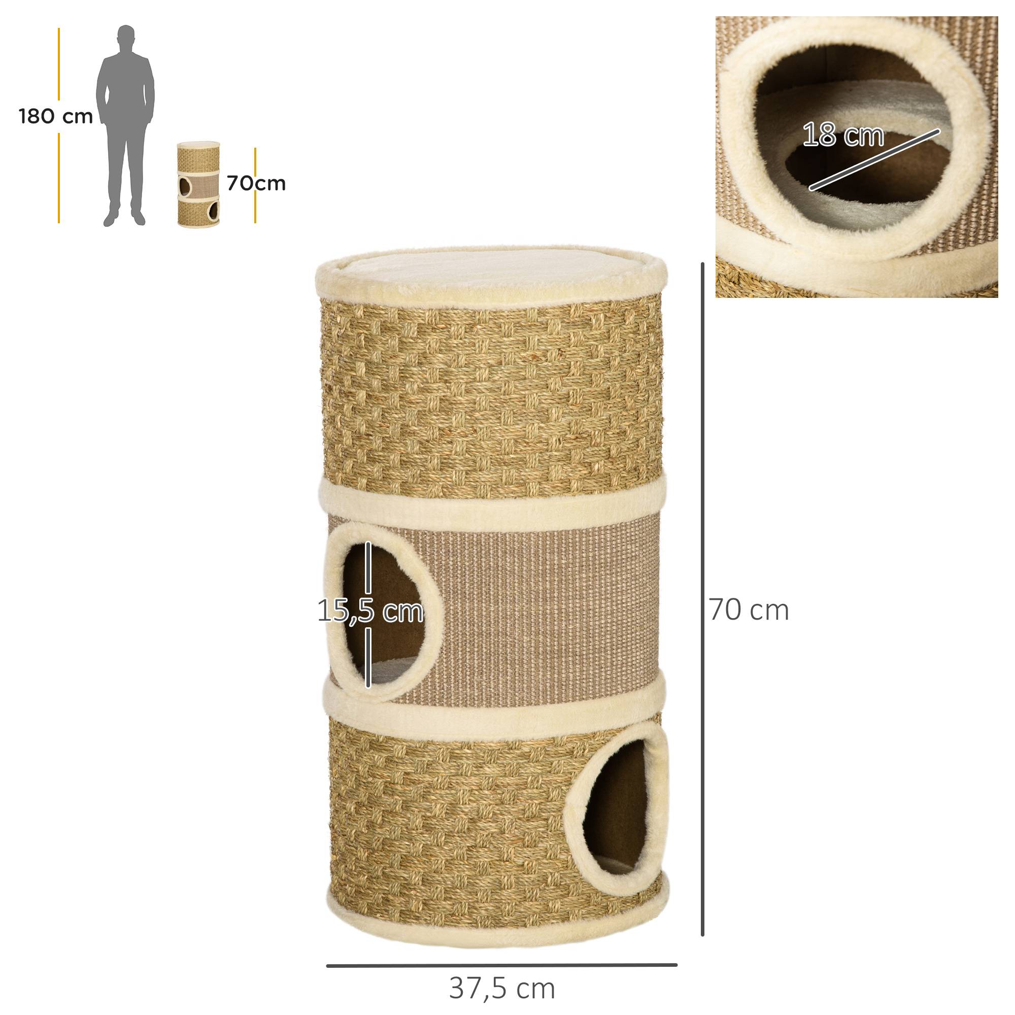 Pawhut - Arbre à chat cylindrique - tour à griffer pour chat - arbre à chat tour - Tonneau griffoir - 3 niches + plateforme - sisal corde d'algues beige - Image 3