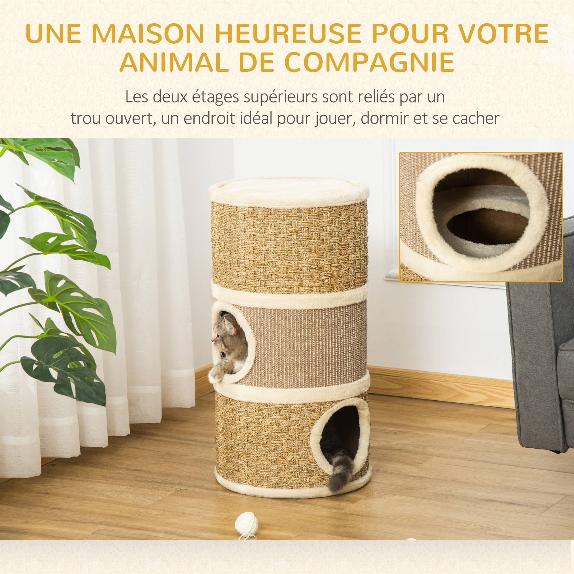 Pawhut - Arbre à chat cylindrique - tour à griffer pour chat - arbre à chat tour - Tonneau griffoir - 3 niches + plateforme - sisal corde d'algues beige - Image 4