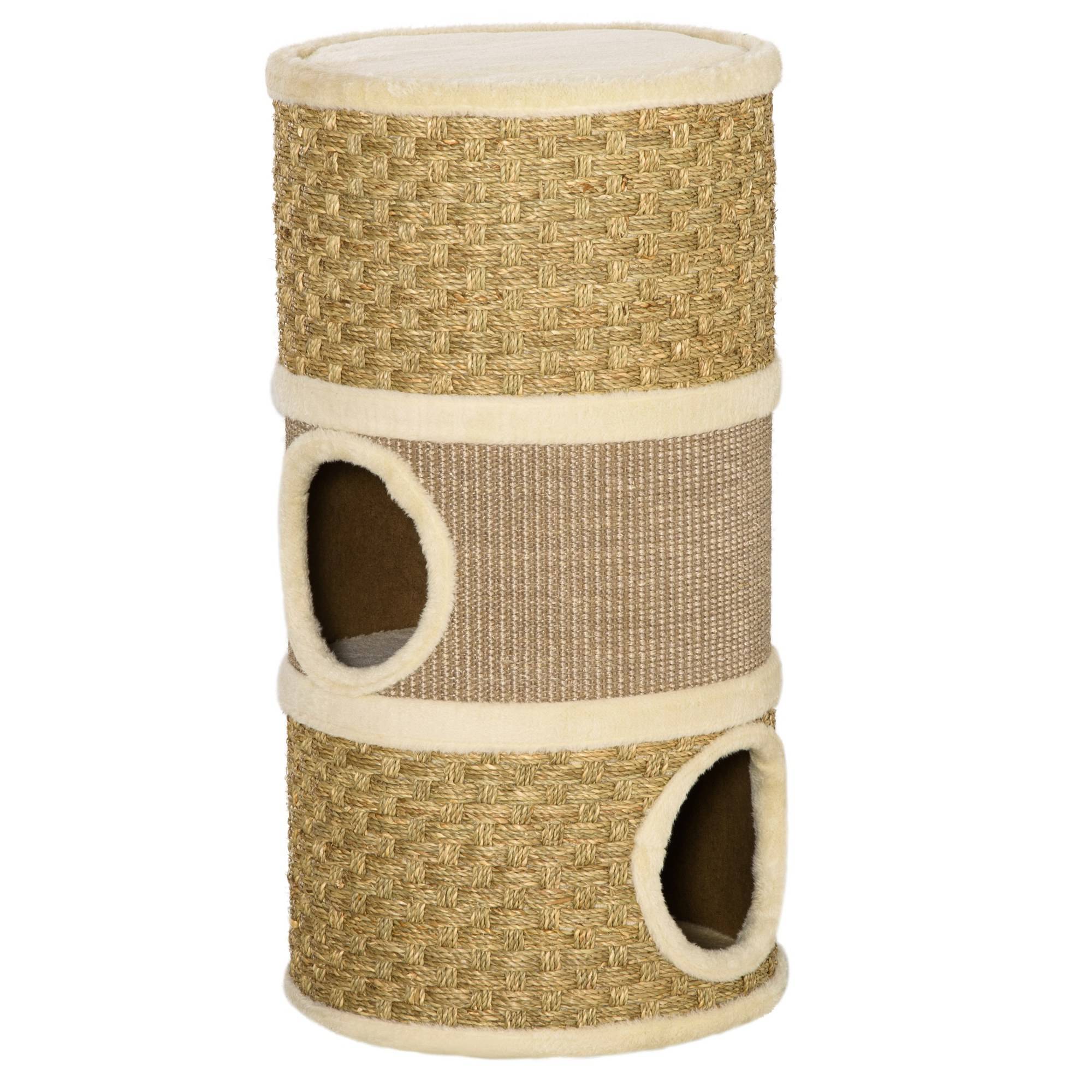 Pawhut - Arbre à chat cylindrique - tour à griffer pour chat - arbre à chat tour - Tonneau griffoir - 3 niches + plateforme - sisal corde d'algues beige - Image 1