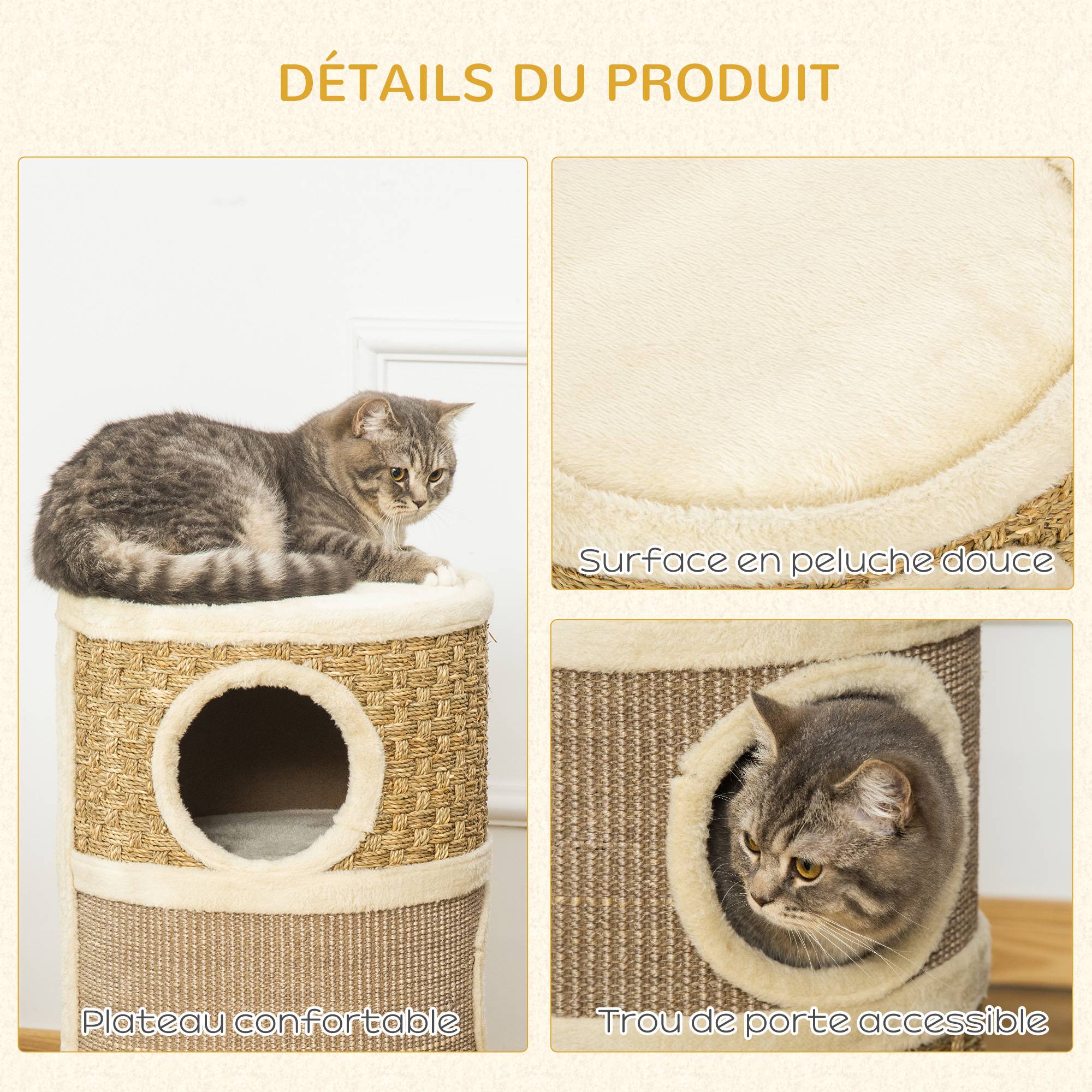 Pawhut - Arbre à chat cylindrique - tour à griffer pour chat - arbre à chat tour - Tonneau griffoir - 3 niches + plateforme - sisal corde d'algues beige - Image 5
